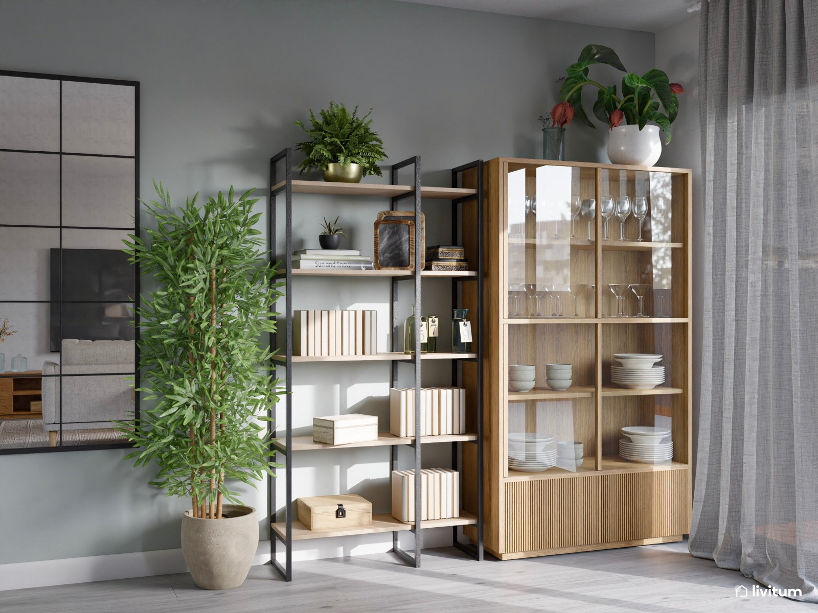 Salón comedor moderno nórdico en gris suave y madera