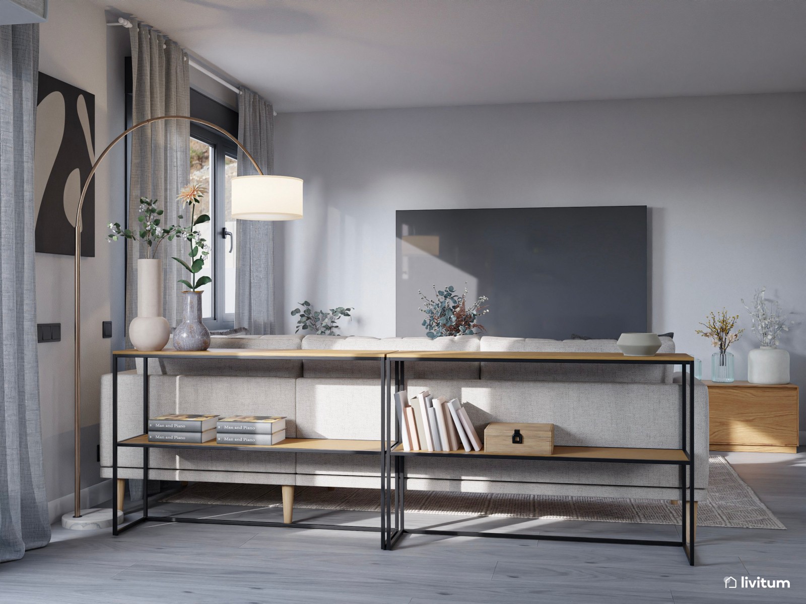 Salón comedor moderno nórdico en gris suave y madera