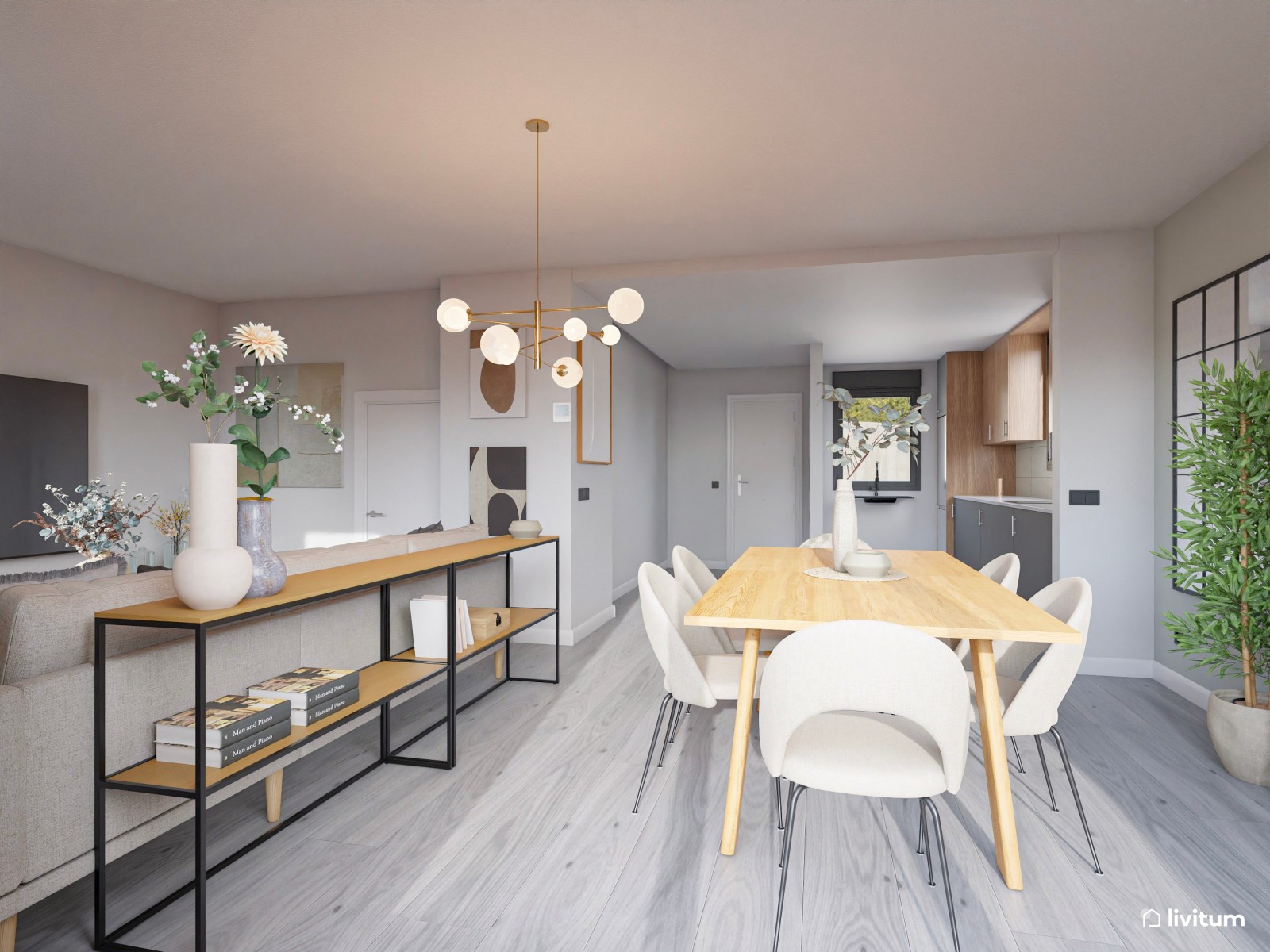 Salón comedor moderno nórdico en gris suave y madera