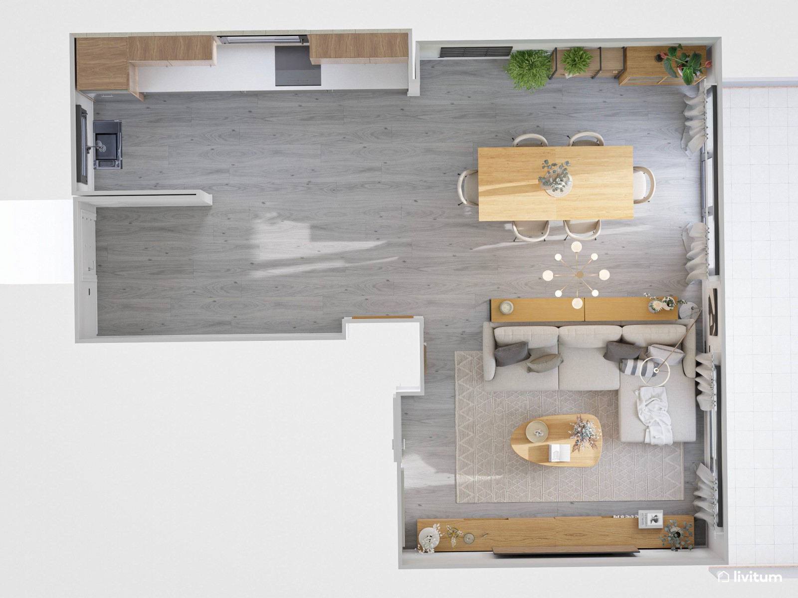 Salón comedor moderno nórdico en gris suave y madera