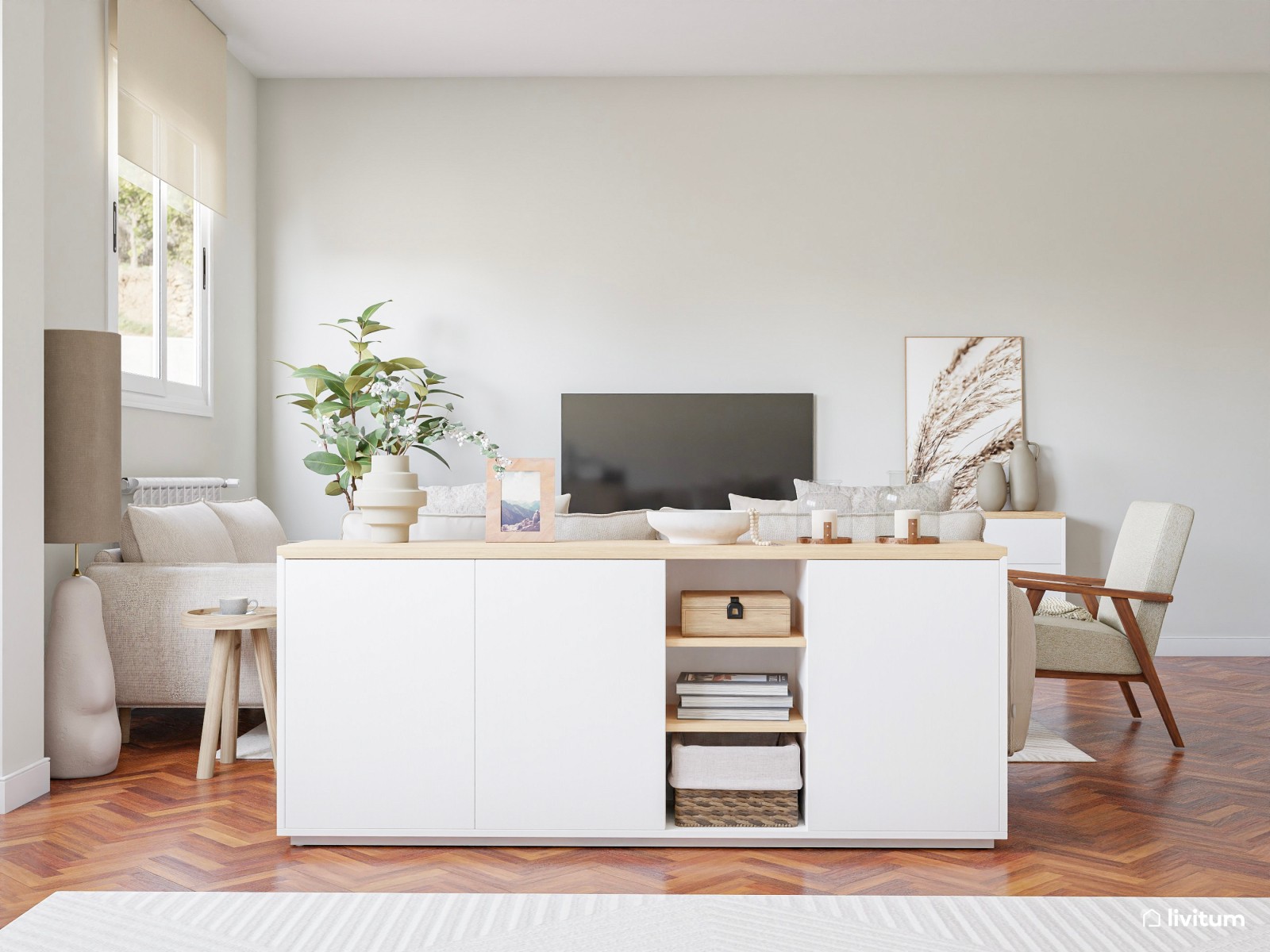 Salón comedor moderno total white con muebles elegantes