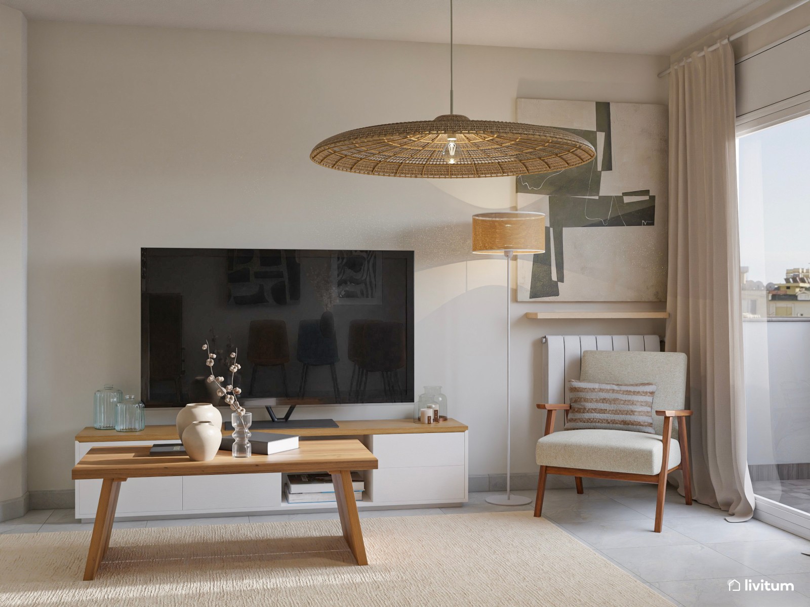 Salón comedor moderno y acogedor con sillas de colores