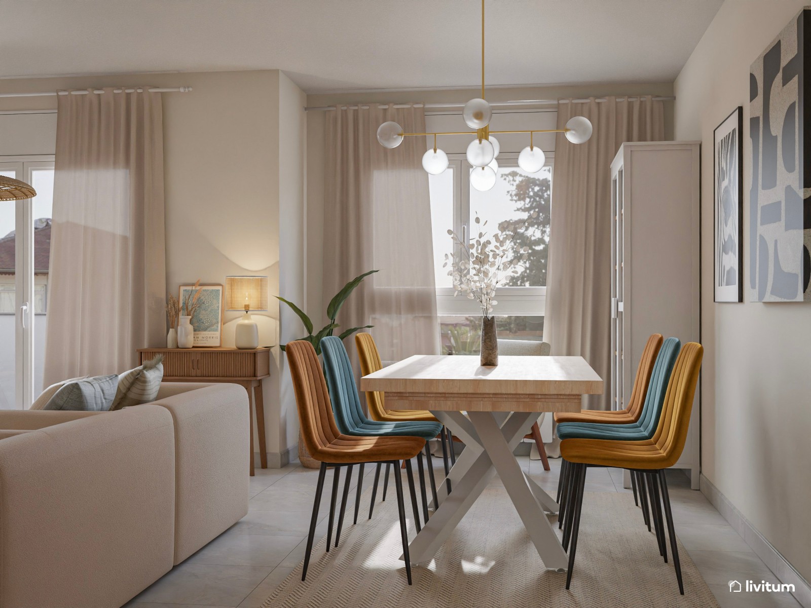 Salón comedor moderno y acogedor con sillas de colores