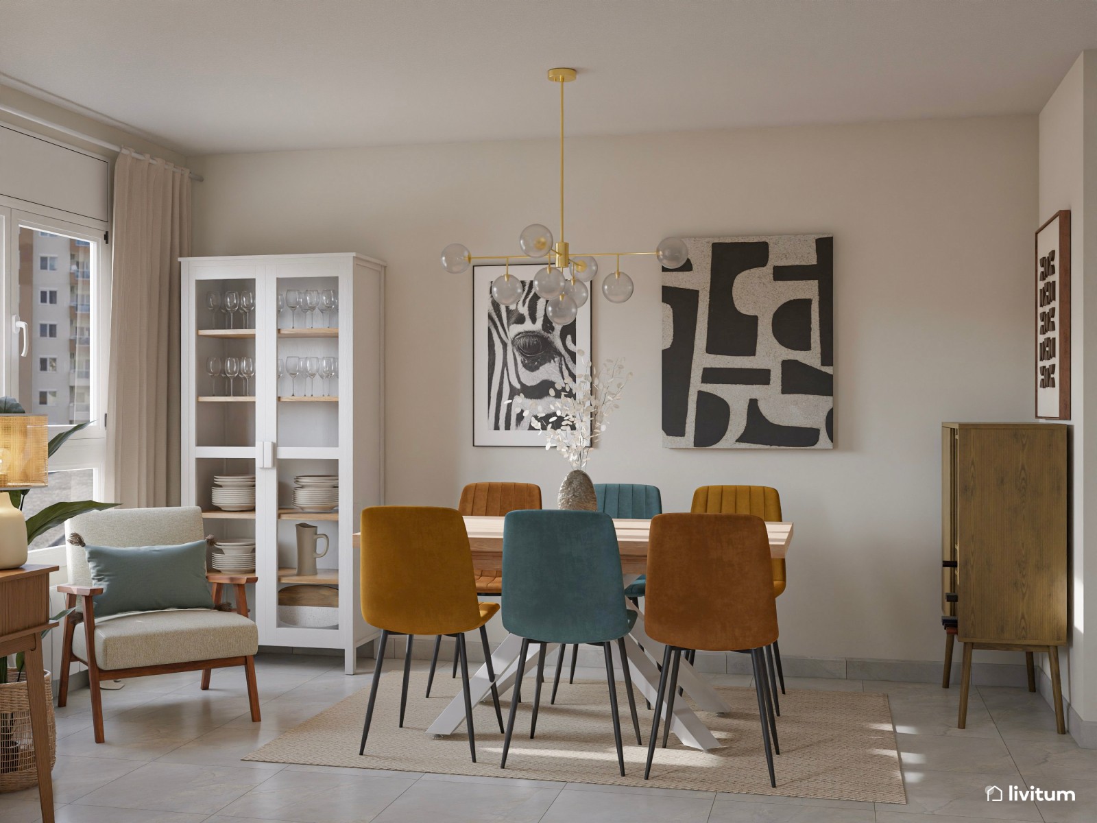 Salón comedor moderno y acogedor con sillas de colores