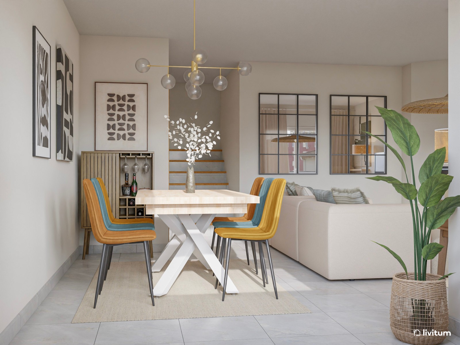 Salón comedor moderno y acogedor con sillas de colores