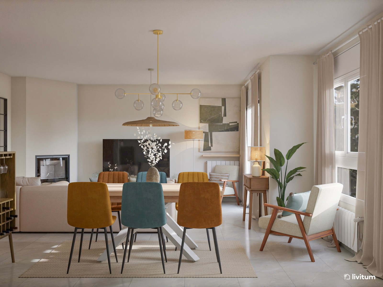 Salón comedor moderno y acogedor con sillas de colores