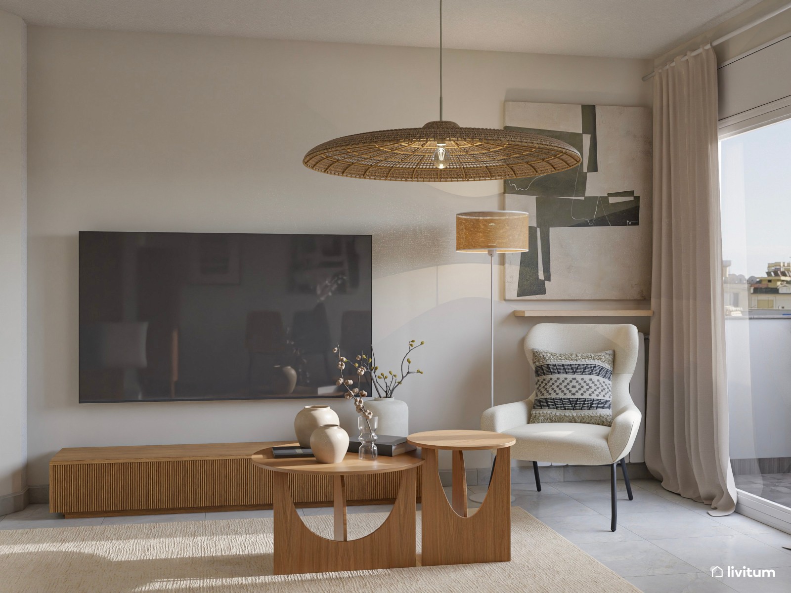 Salón comedor moderno y acogedor con sillas de colores 