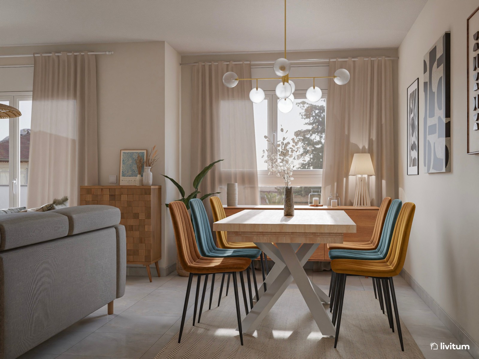 Salón comedor moderno y acogedor con sillas de colores 