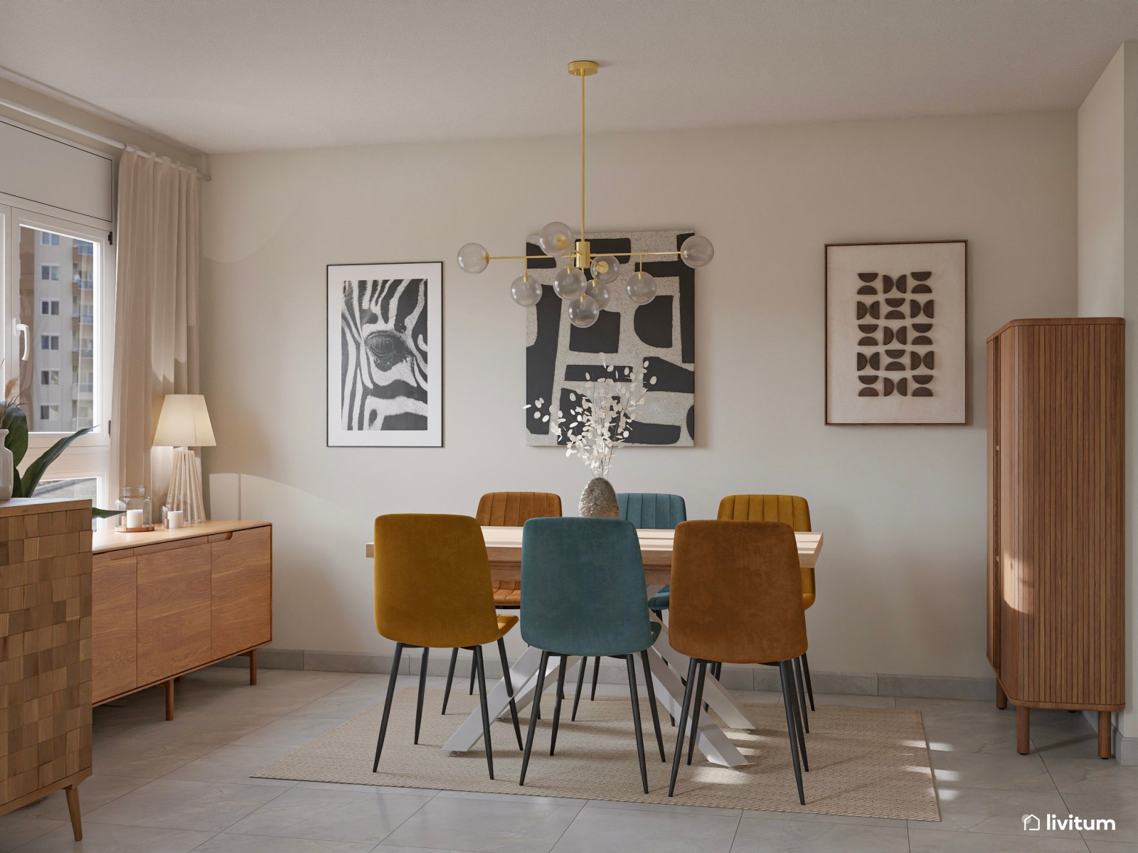 Salón comedor moderno y acogedor con sillas de colores 