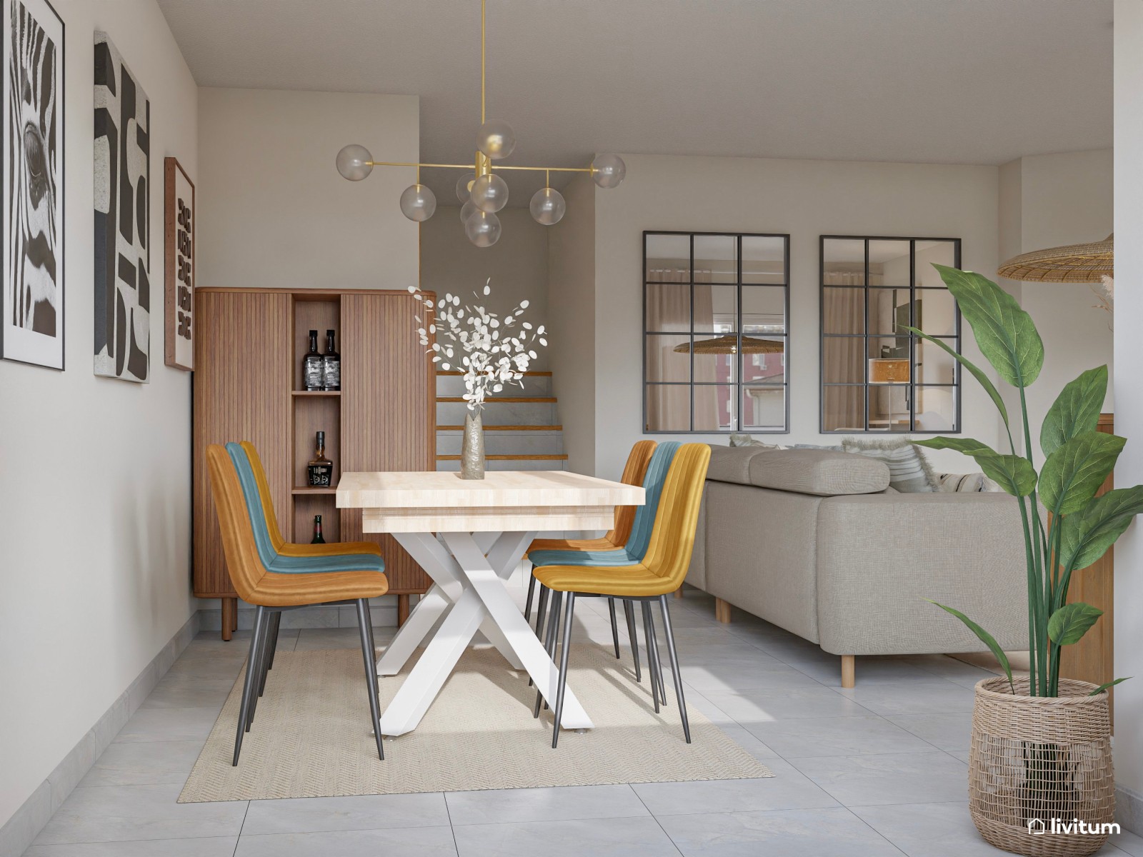Salón comedor moderno y acogedor con sillas de colores 