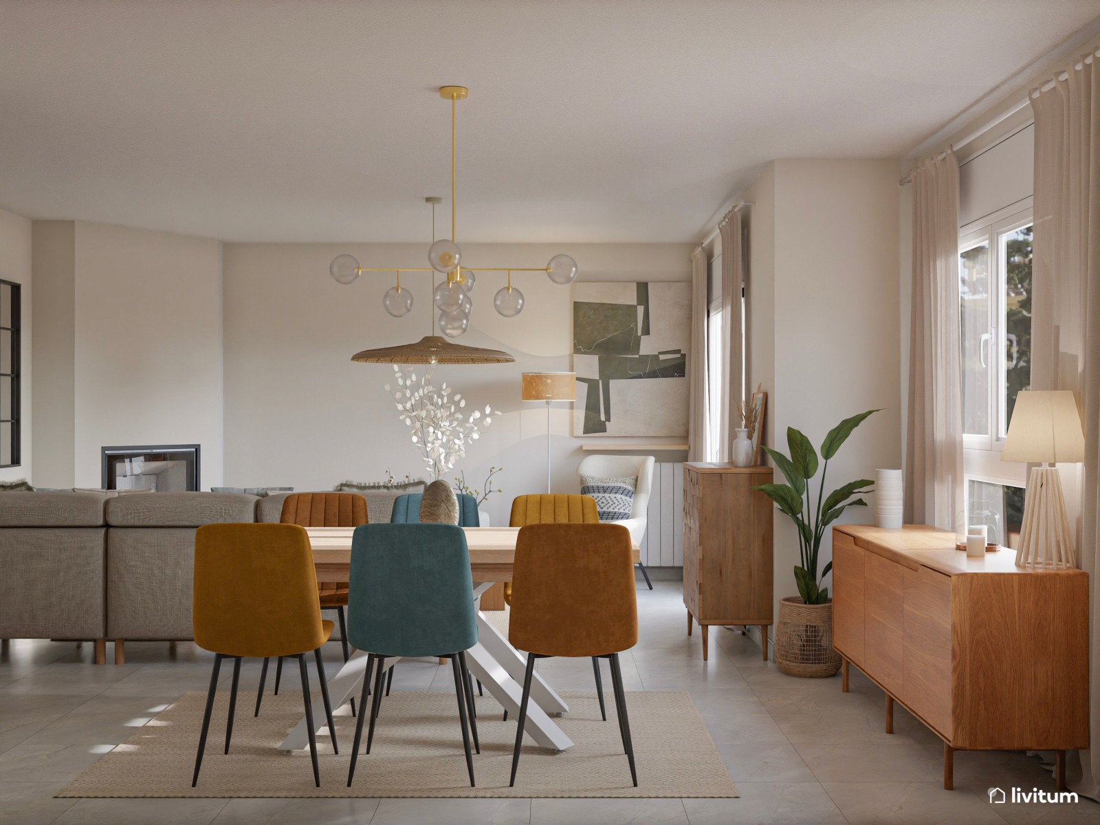 Salón comedor moderno y acogedor con sillas de colores 