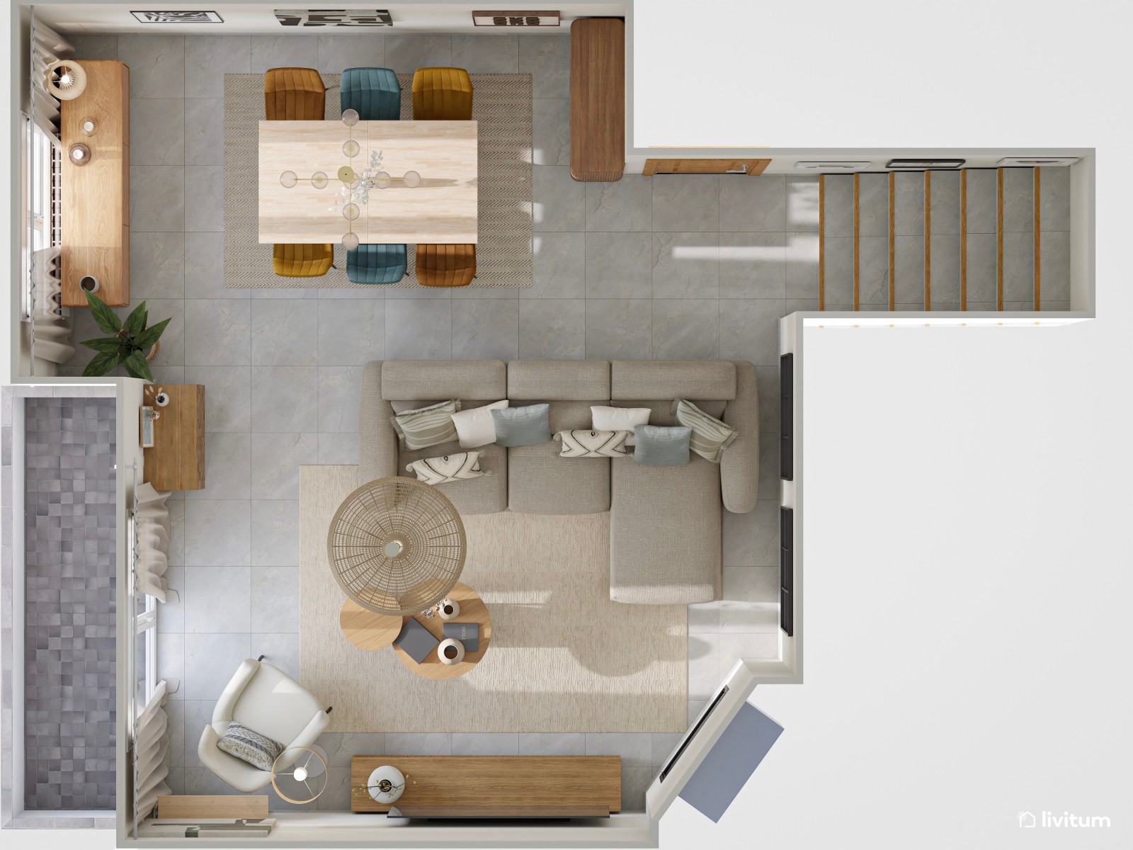 Salón comedor moderno y acogedor con sillas de colores 
