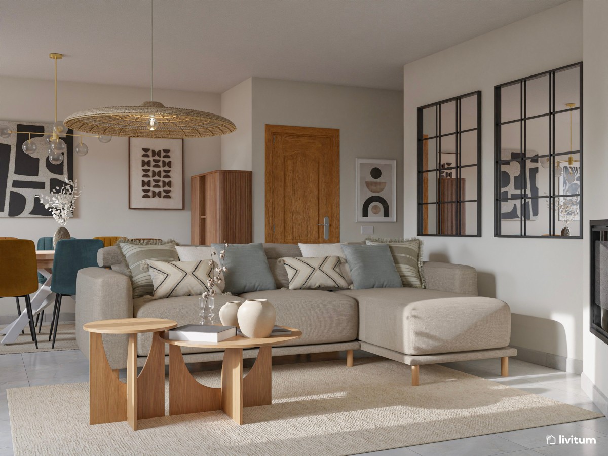 Salón comedor moderno y acogedor con sillas de colores