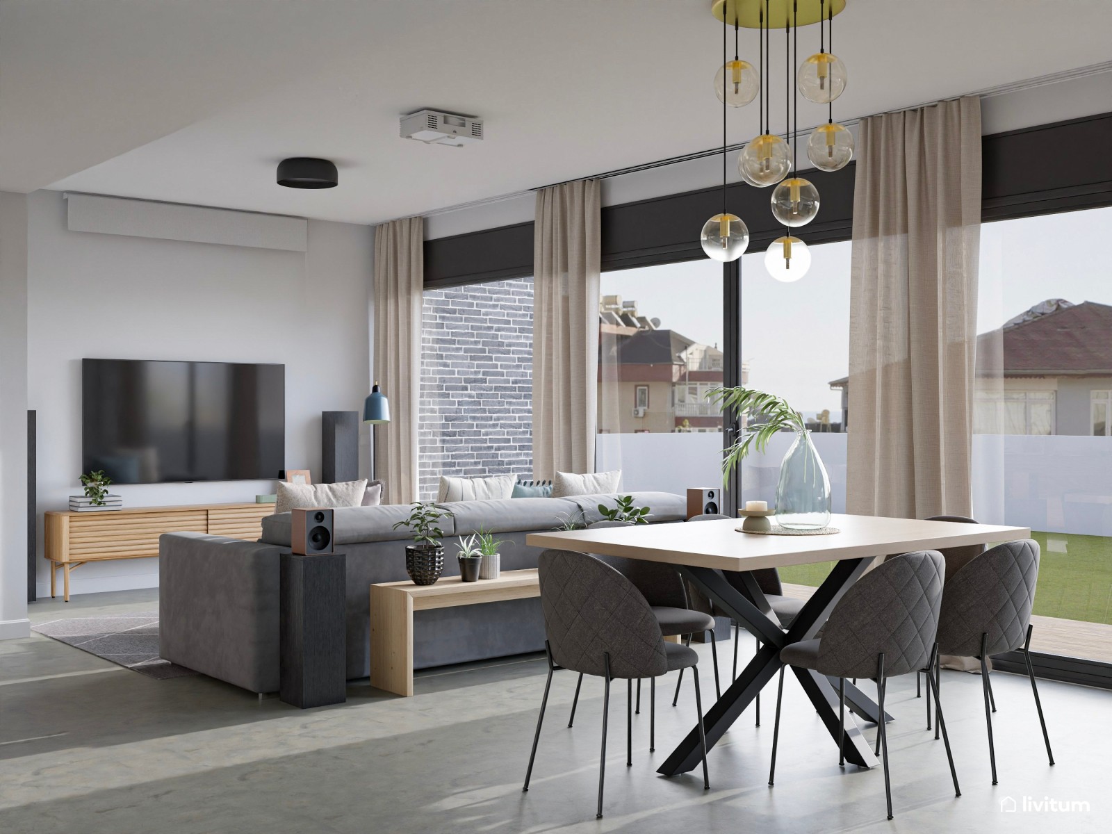 Salón comedor moderno y amplio en tonos grises