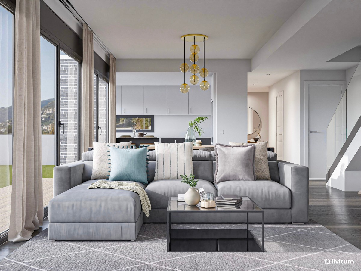 Salón comedor moderno y amplio en tonos grises