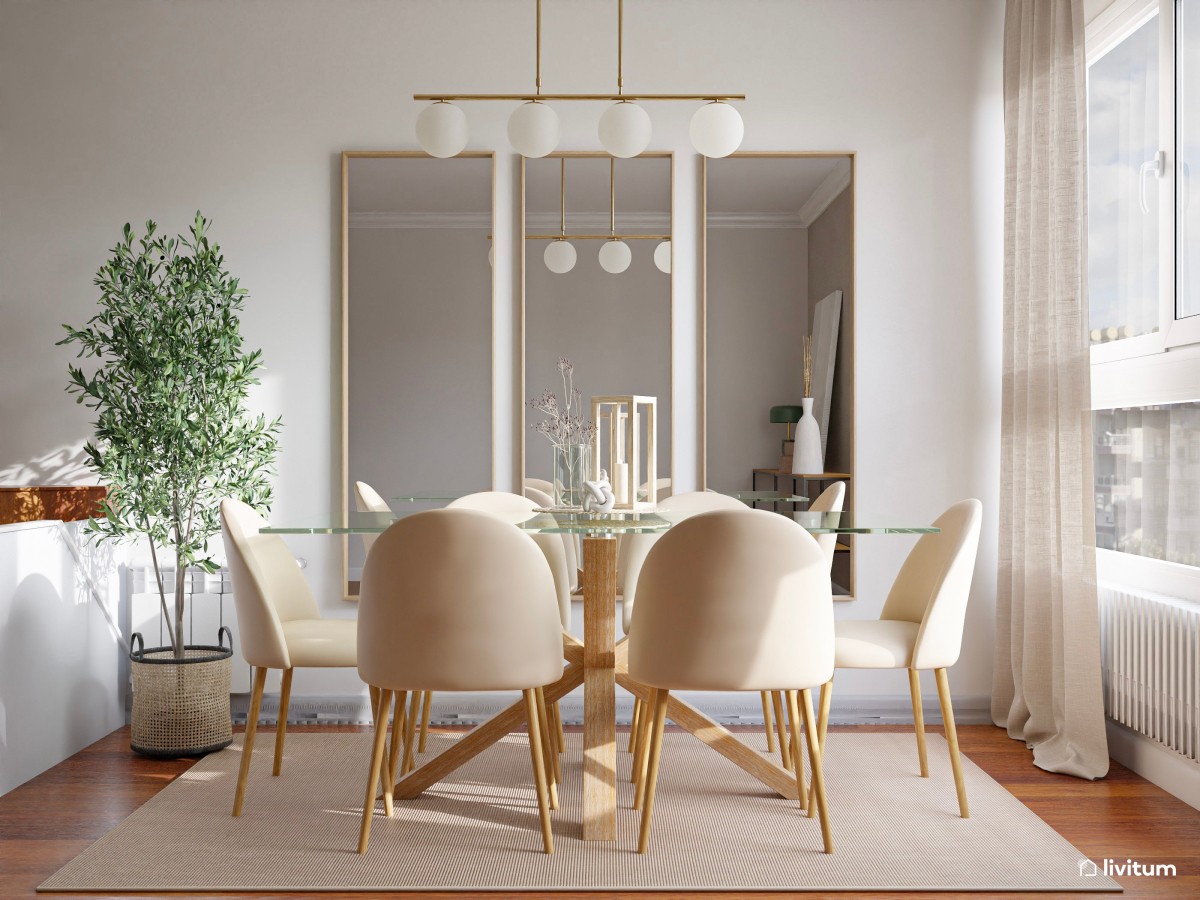 Salón comedor moderno y cálido en tonos claros