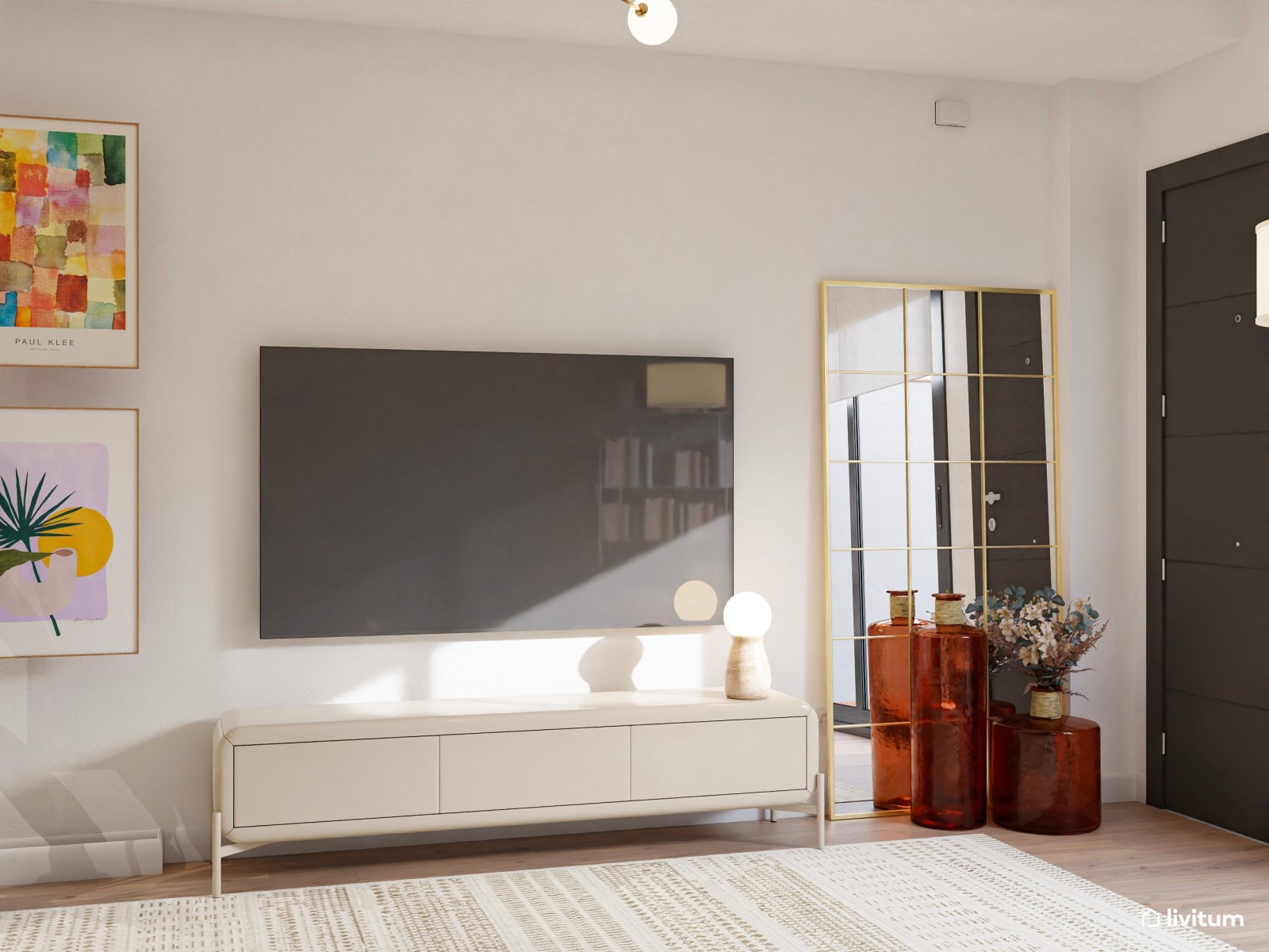 Salón comedor moderno y colorido, alargado, con cocina abierta integrada