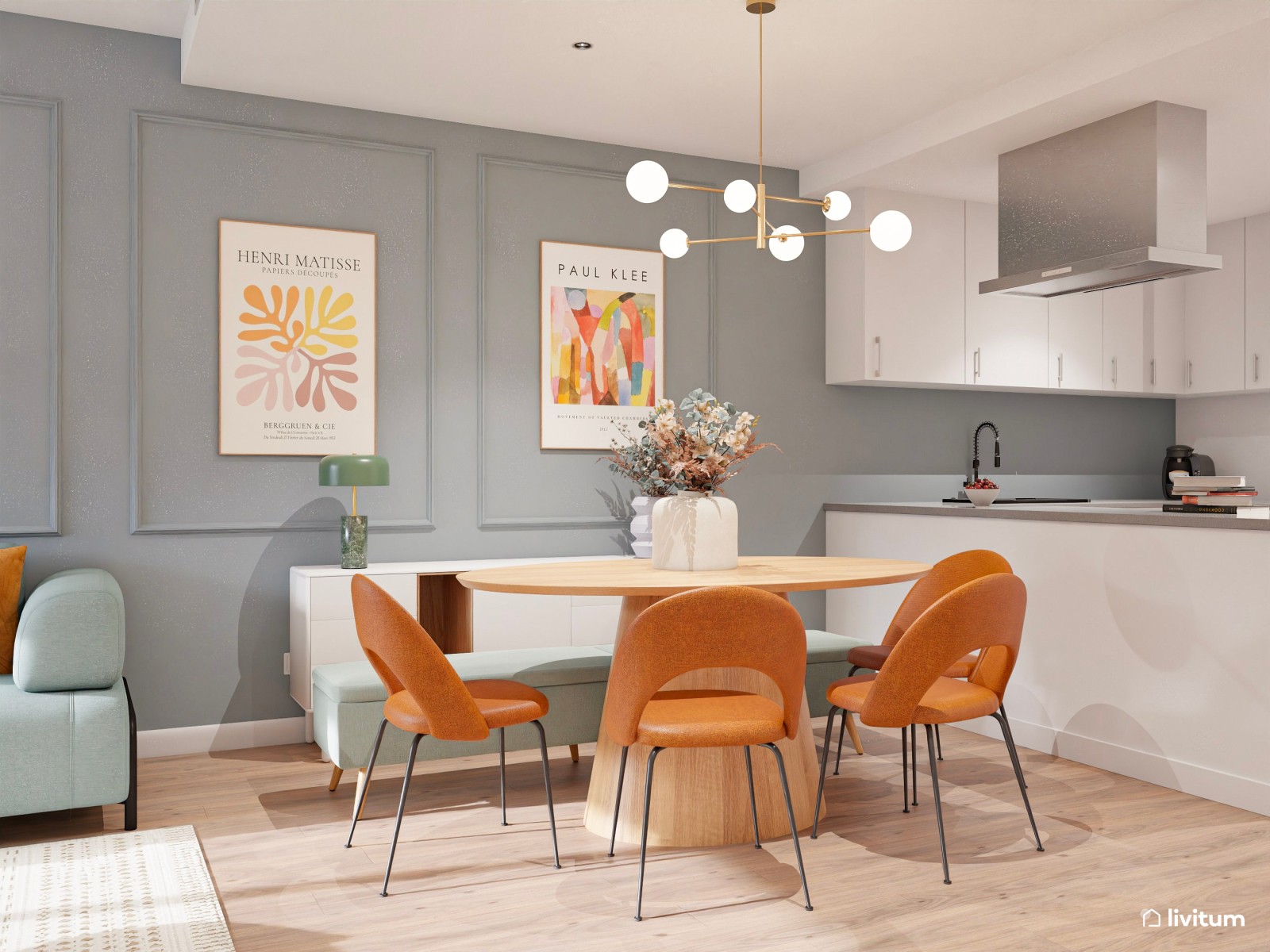 Salón comedor moderno y colorido, alargado, con cocina abierta integrada