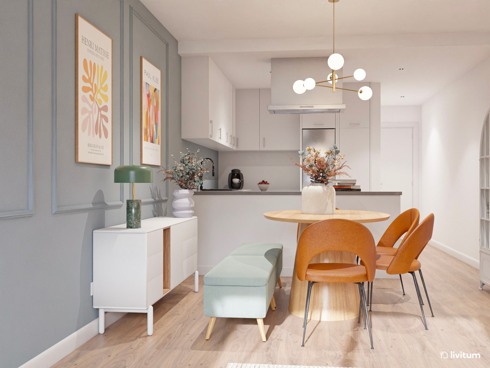 Salón comedor moderno y colorido, alargado, con cocina abierta integrada