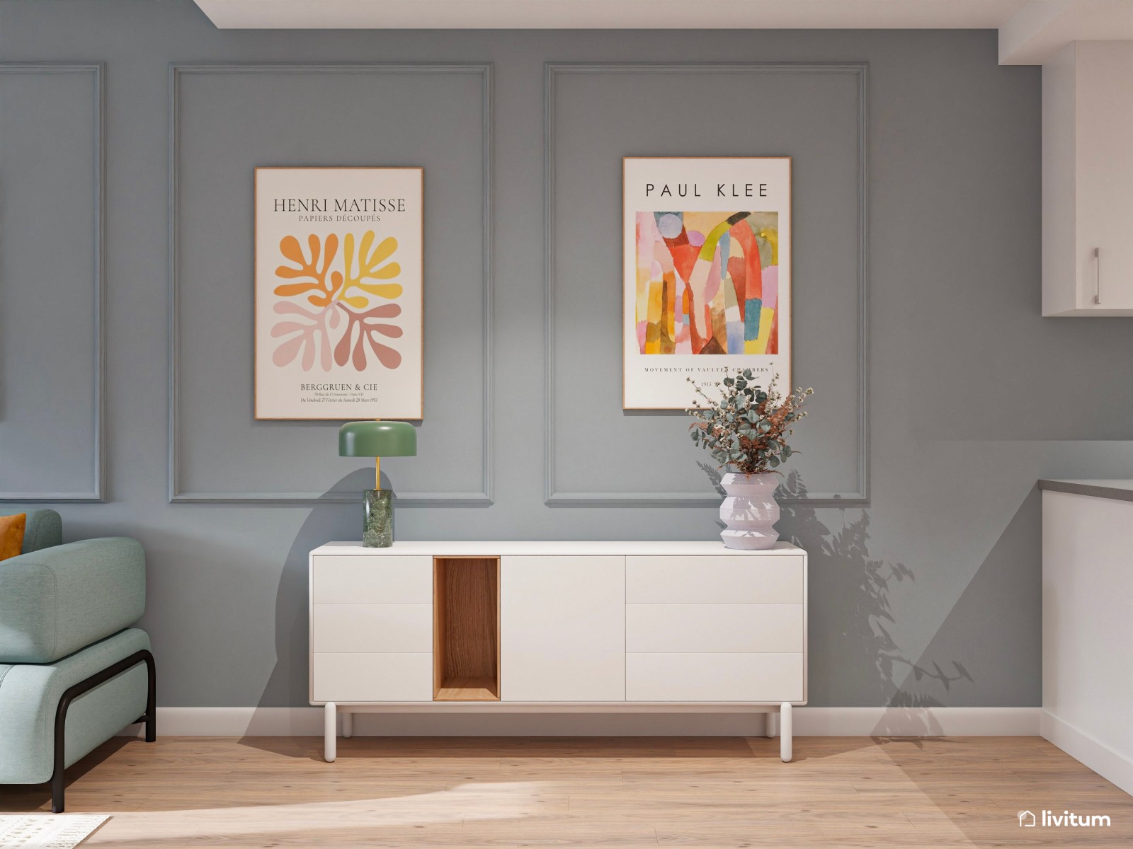 Salón comedor moderno y colorido, alargado, con cocina abierta integrada