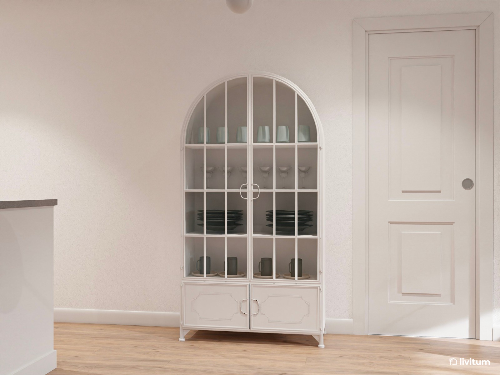 Salón comedor moderno y colorido, alargado, con cocina abierta integrada