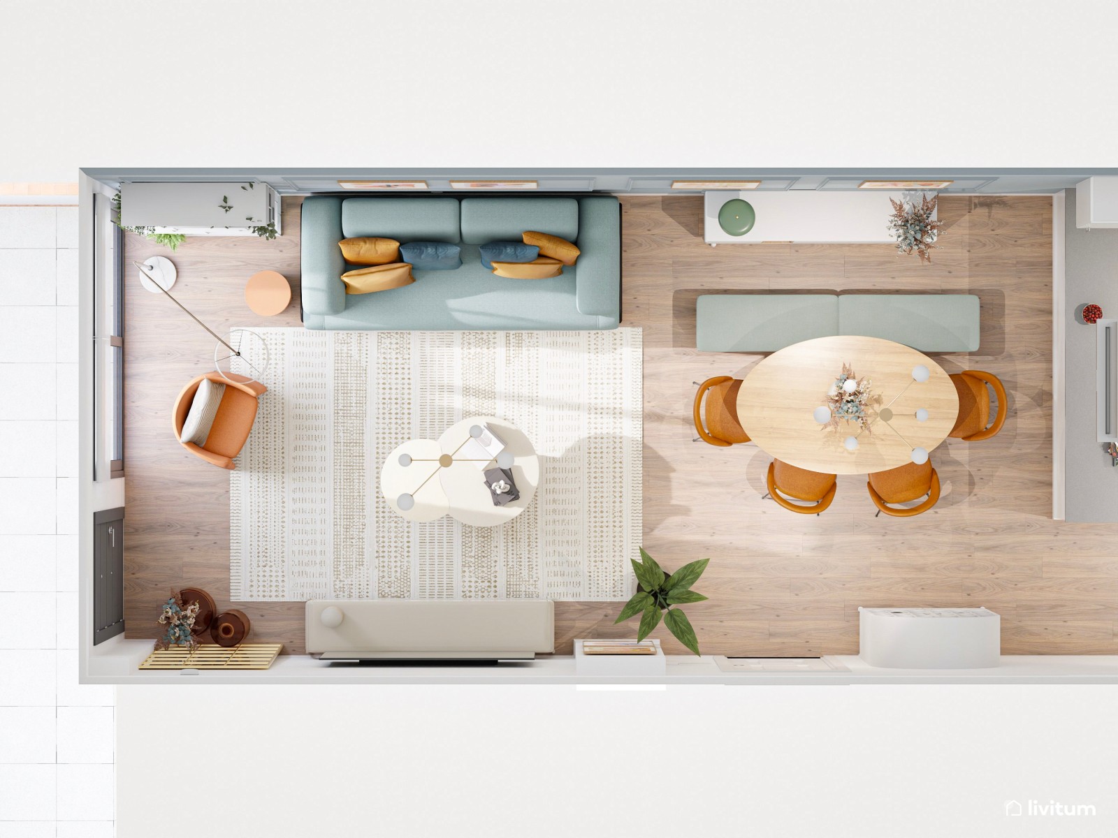 Salón comedor moderno y colorido, alargado, con cocina abierta integrada