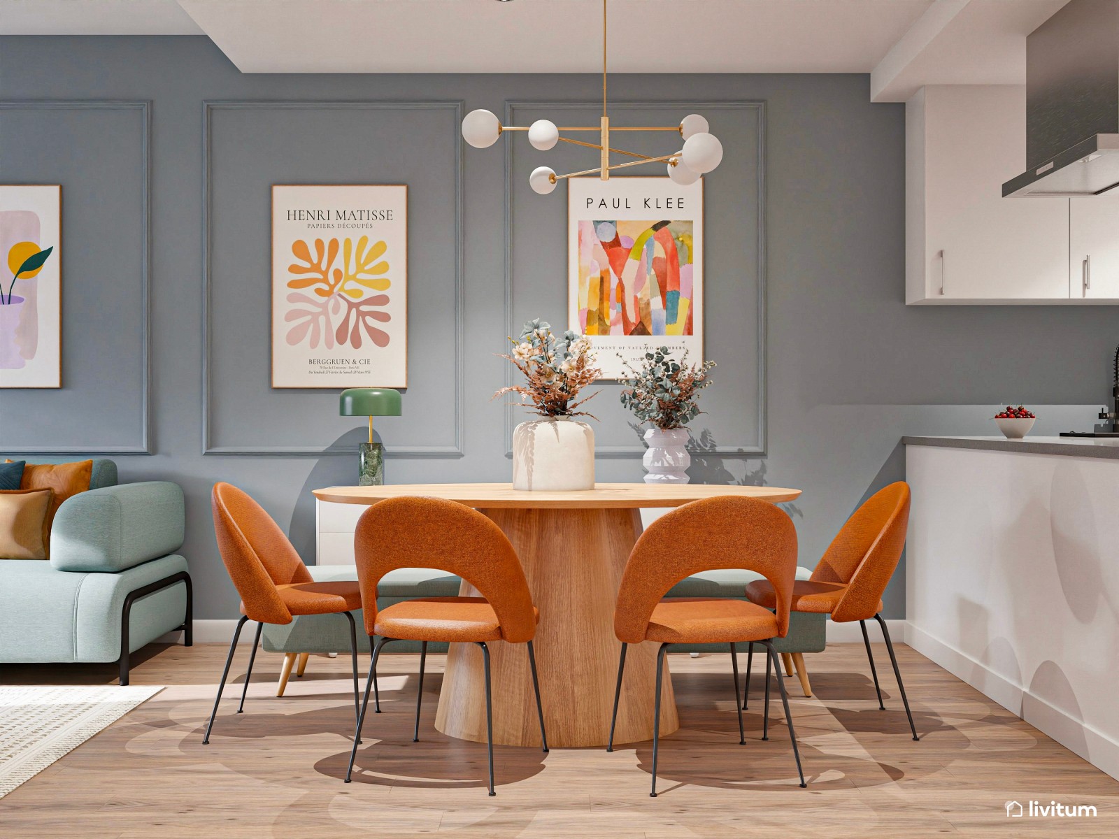 Salón comedor moderno y colorido, alargado, con cocina abierta integrada