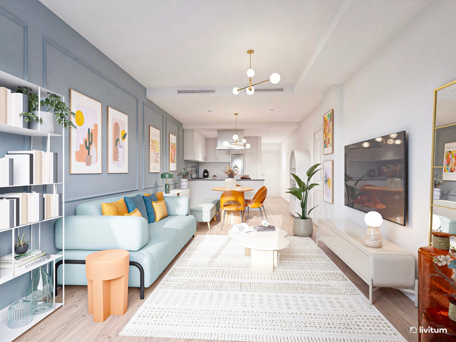 Salón comedor moderno y colorido, alargado, con cocina abierta integrada