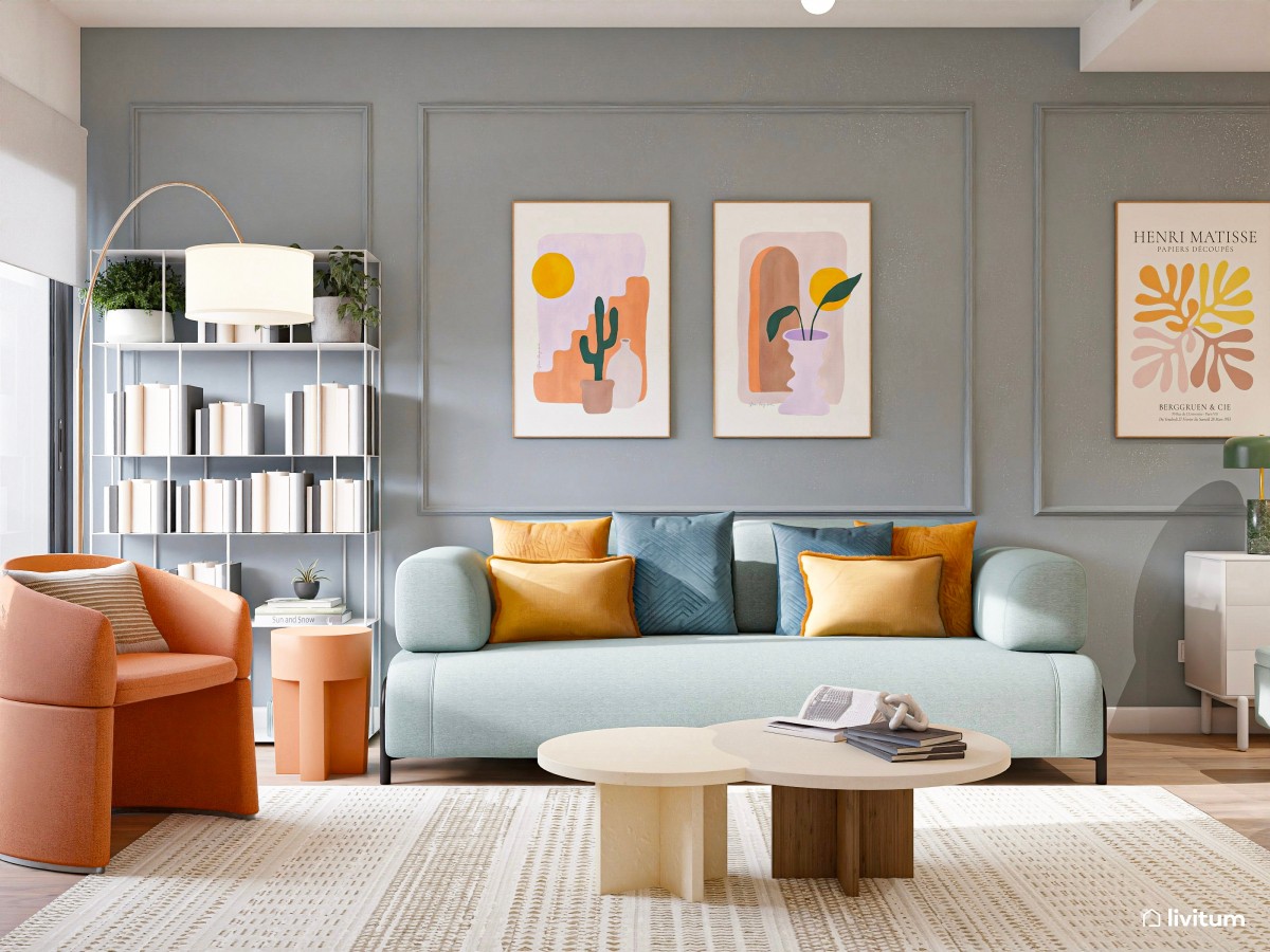 Salón comedor moderno y colorido, alargado, con cocina abierta integrada