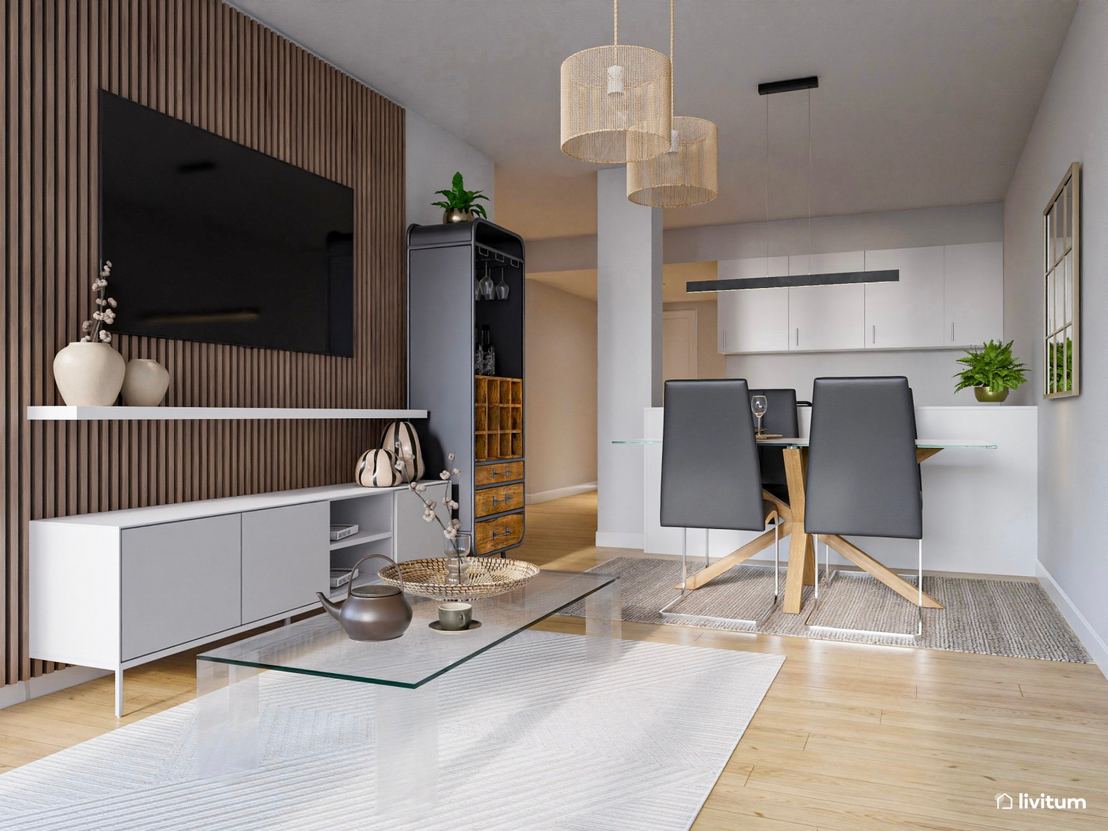 Salón comedor moderno y elegante con acentos en negro