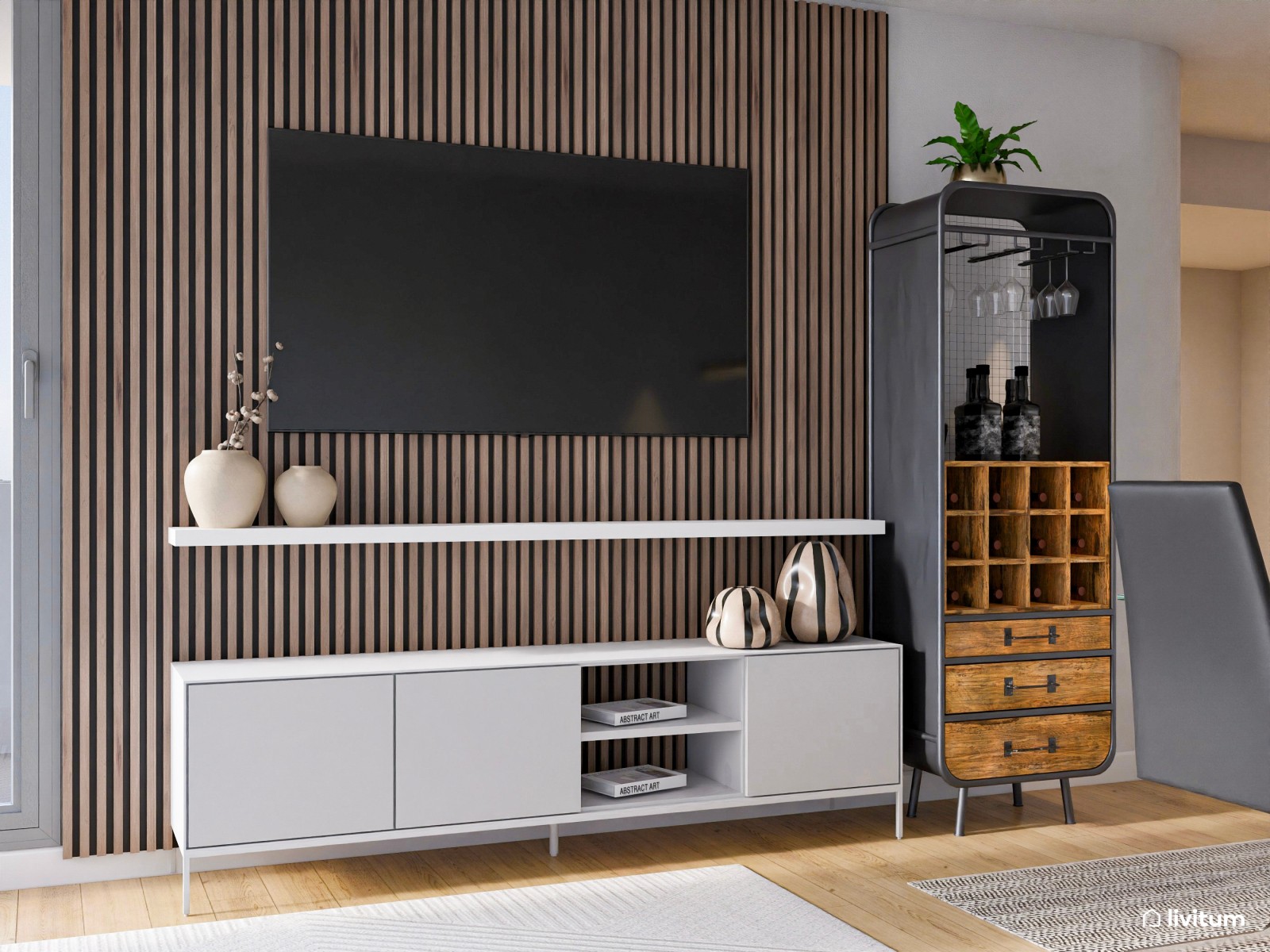 Salón comedor moderno y elegante con acentos en negro