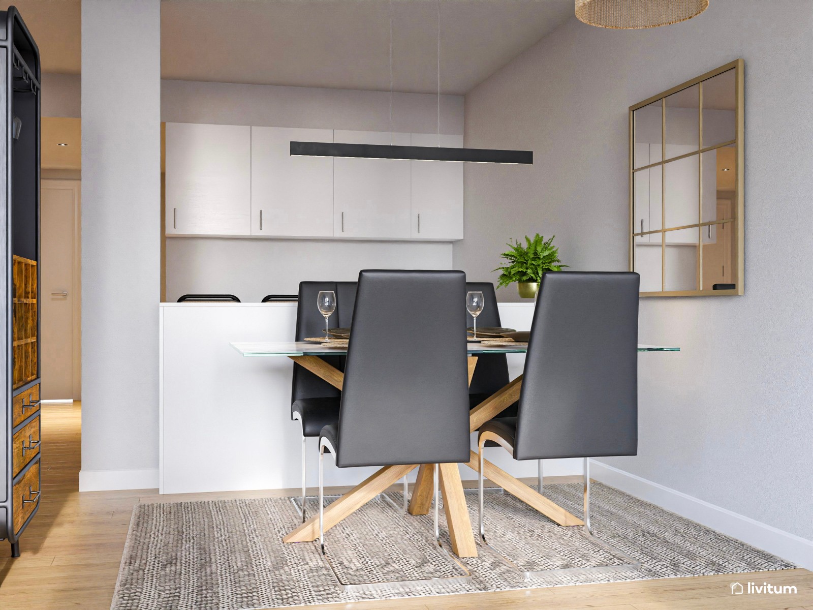 Salón comedor moderno y elegante con acentos en negro
