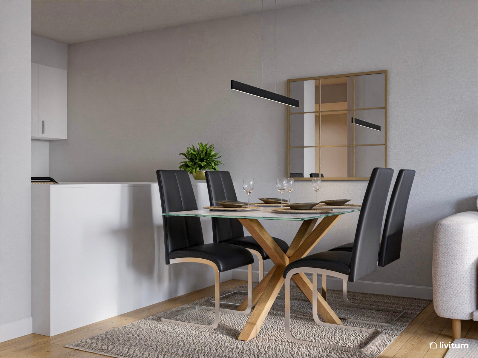 Salón comedor moderno y elegante con acentos en negro