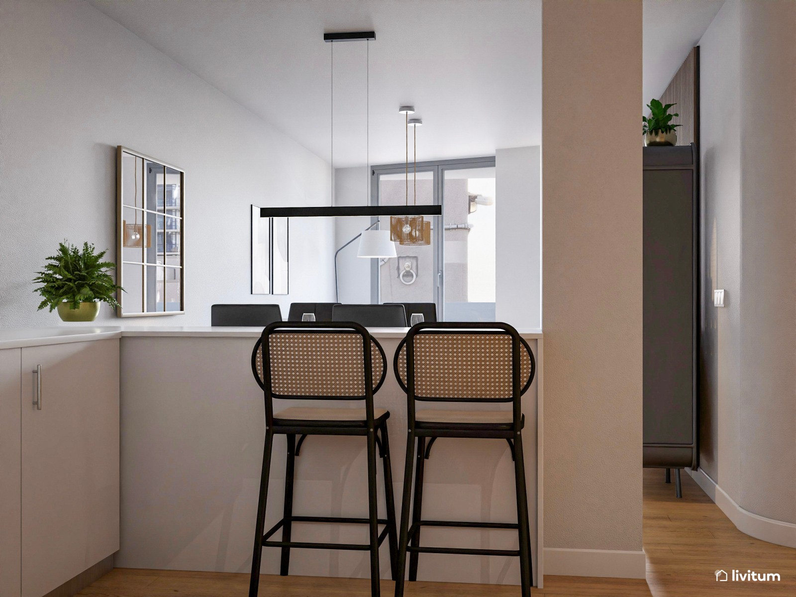 Salón comedor moderno y elegante con acentos en negro