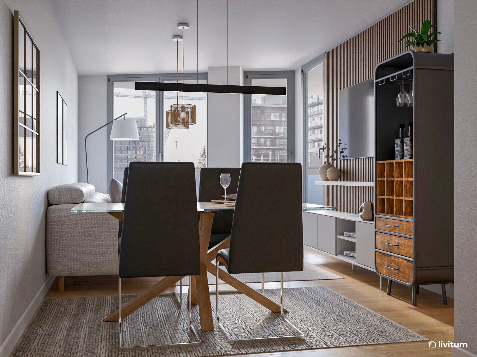 Salón comedor moderno y elegante con acentos en negro