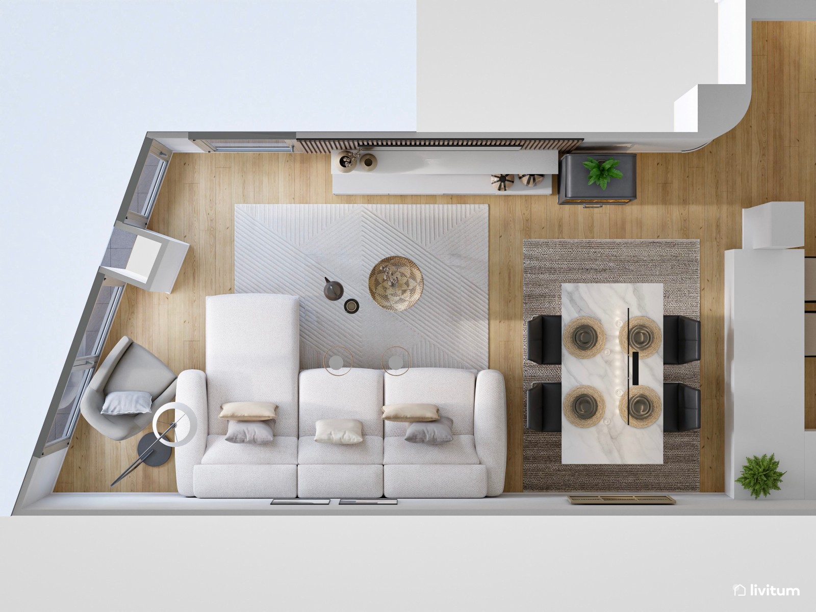 Salón comedor moderno y elegante con acentos en negro