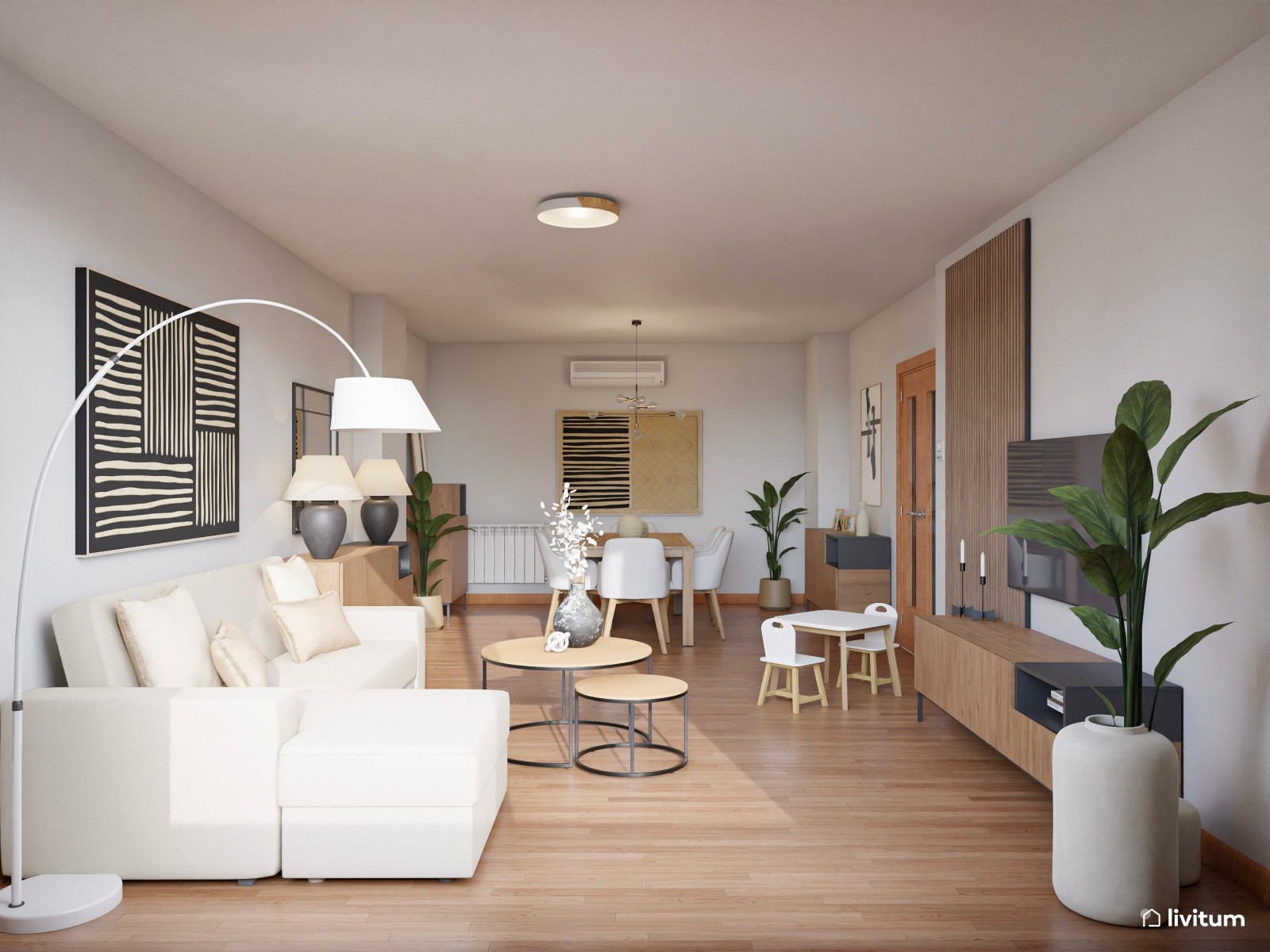 Salón comedor moderno y elegante con pequeña zona de juegos