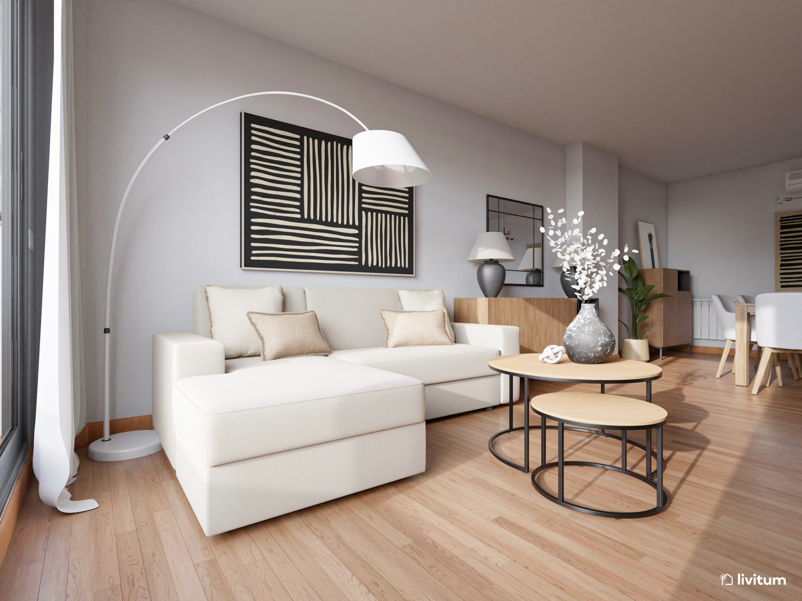 Salón comedor moderno y elegante con pequeña zona de juegos