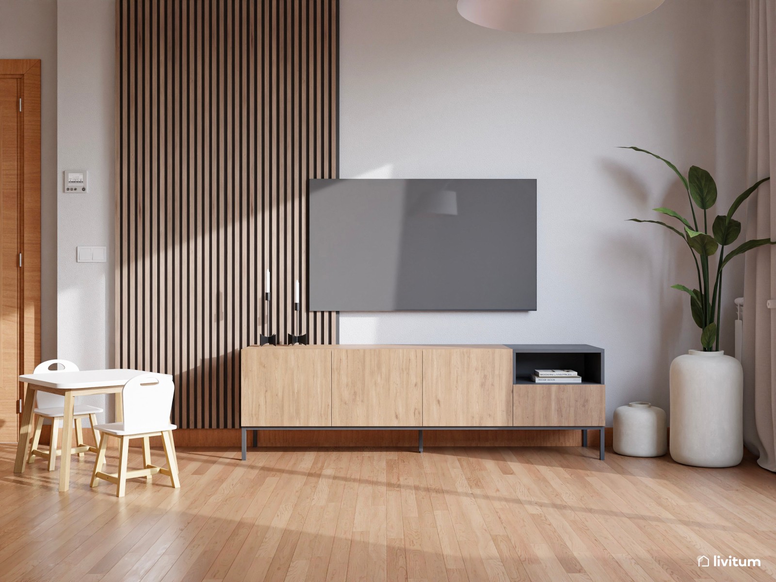 Salón comedor moderno y elegante con pequeña zona de juegos