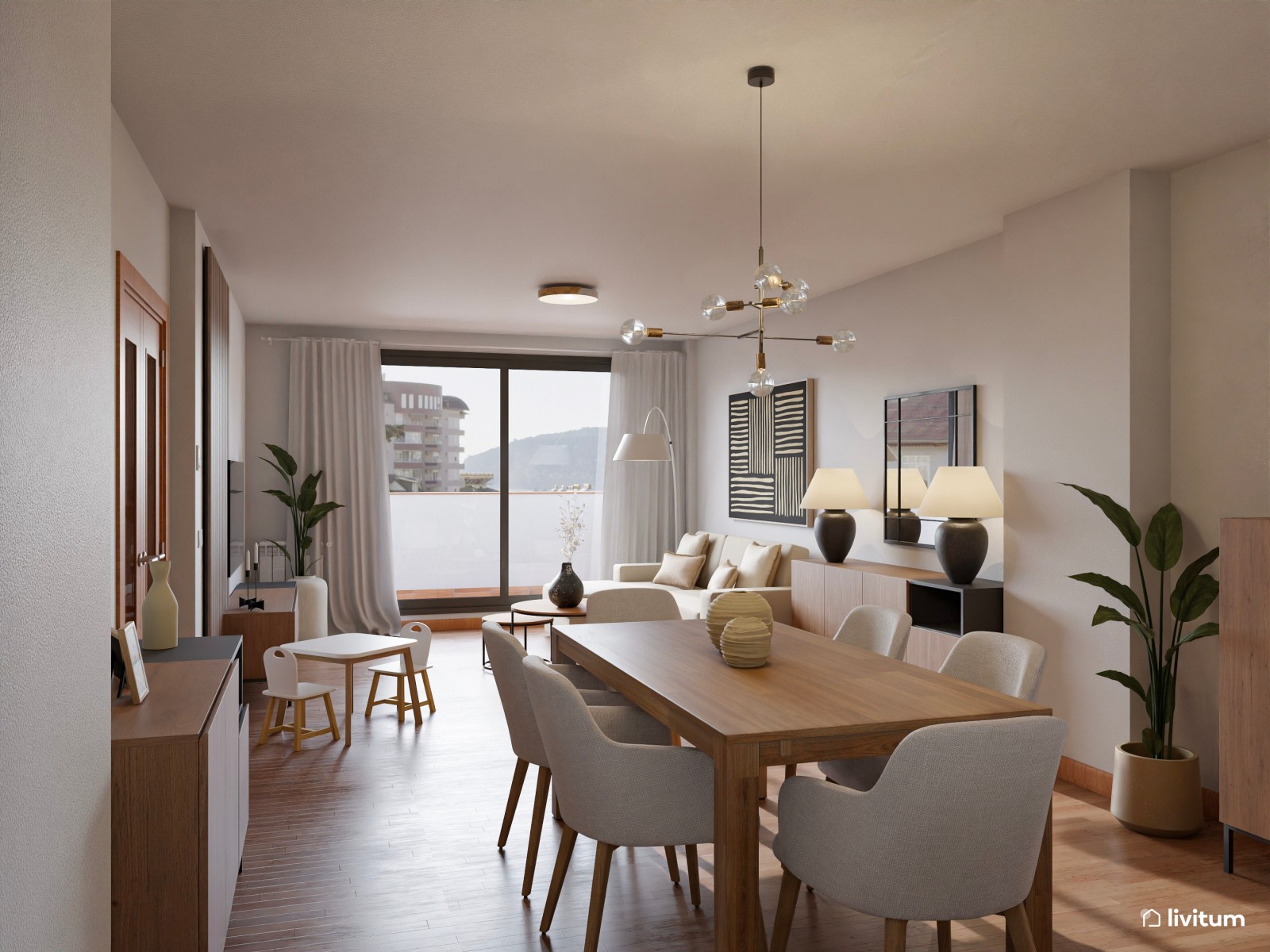 Salón comedor moderno y elegante con pequeña zona de juegos