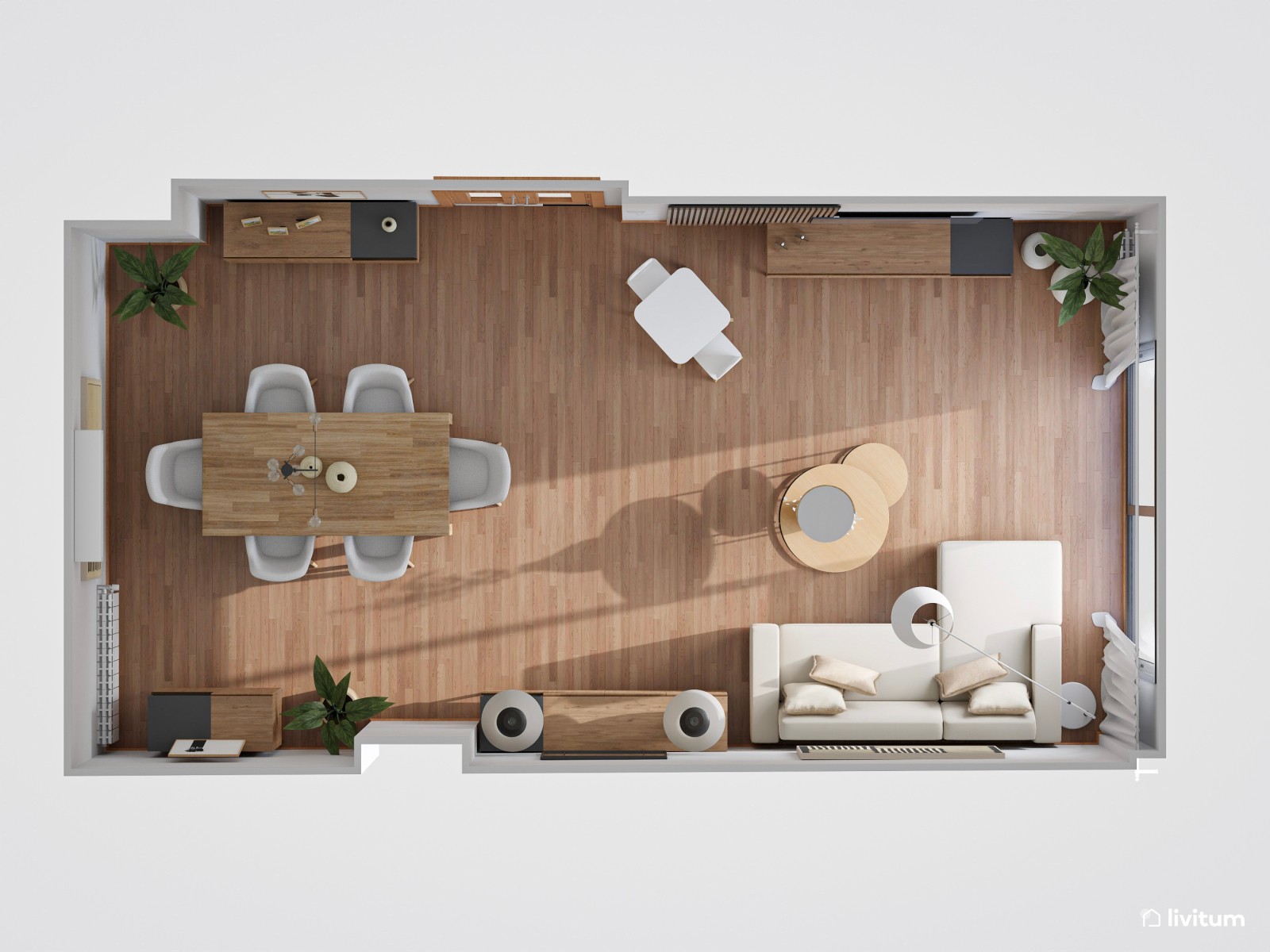 Salón comedor moderno y elegante con pequeña zona de juegos