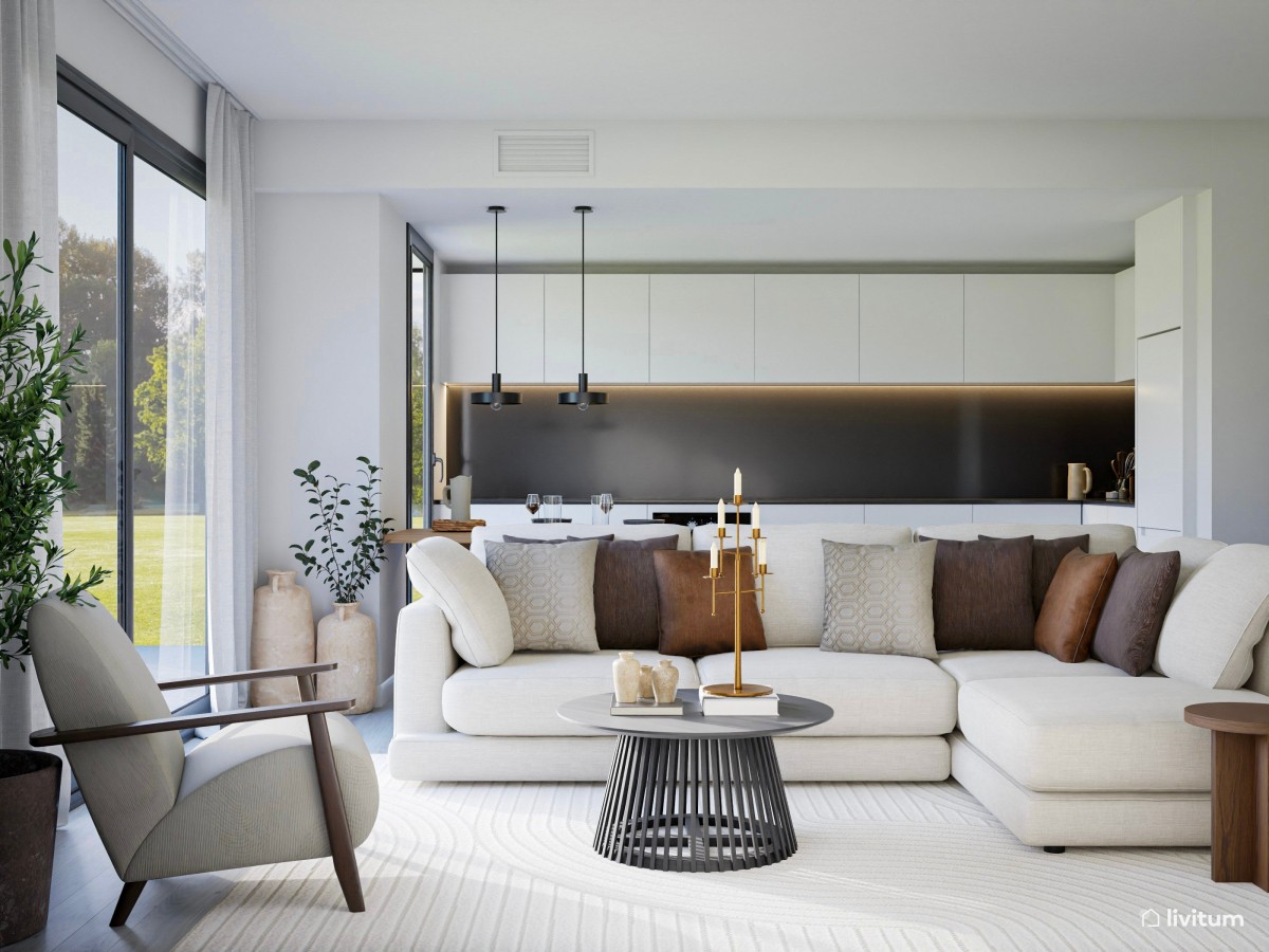 Salón comedor moderno y minimalista en blanco