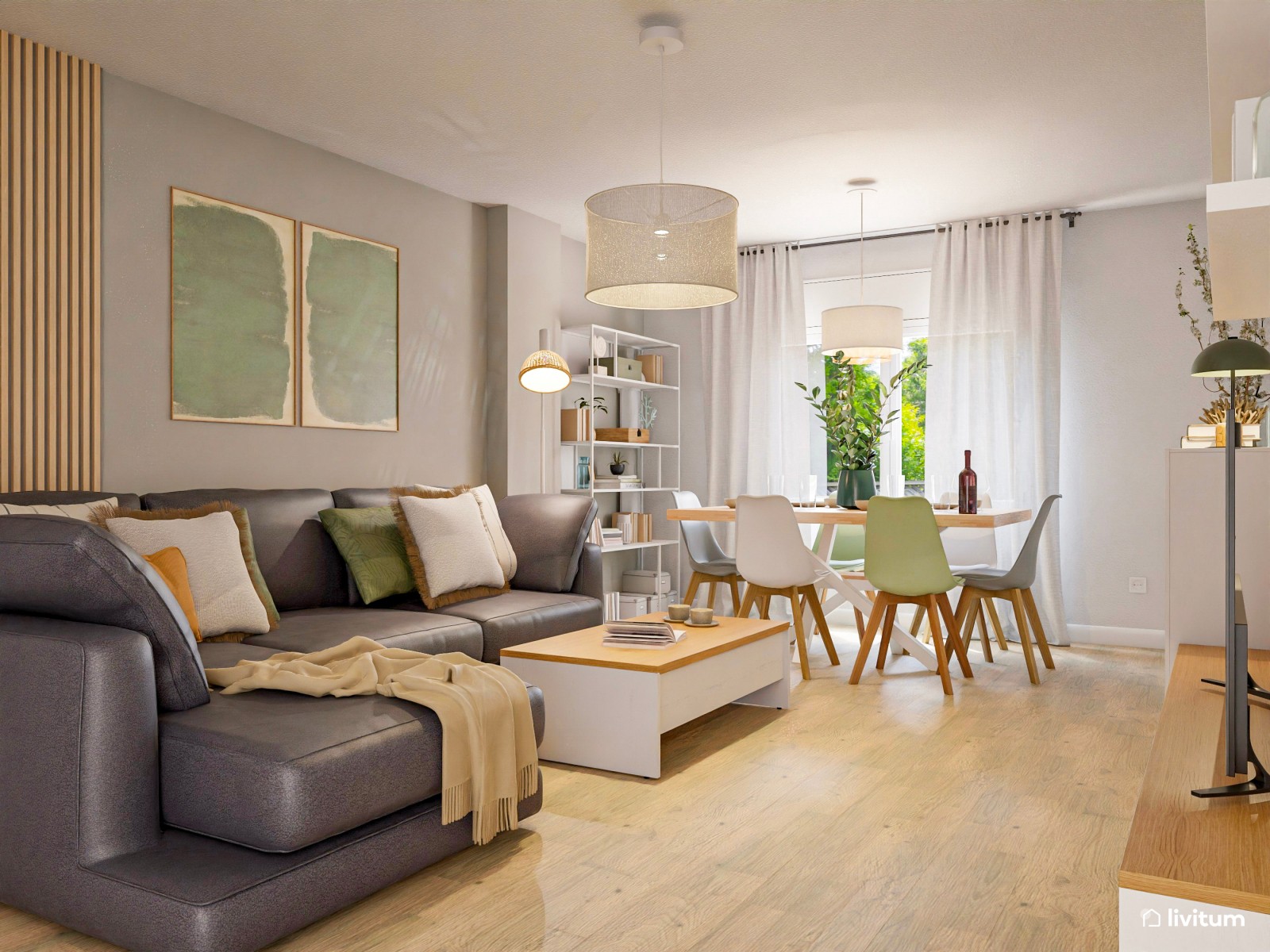 Salón comedor moderno y relajante decorado en verde, blanco y gris