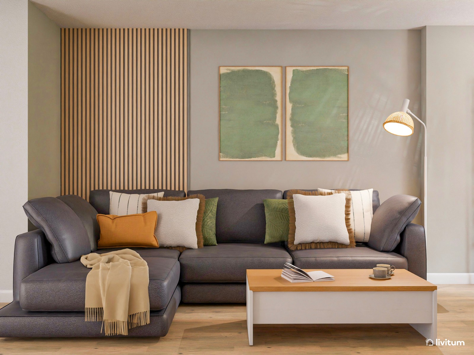 Salón comedor moderno y relajante decorado en verde, blanco y gris