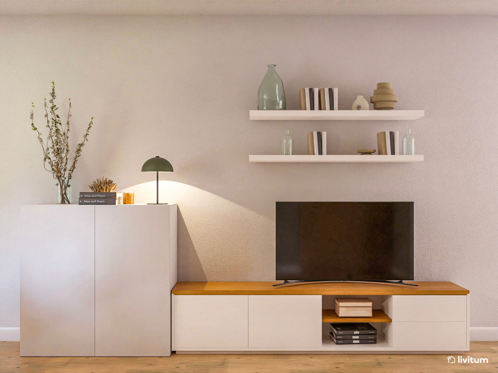Salón comedor moderno y relajante decorado en verde, blanco y gris
