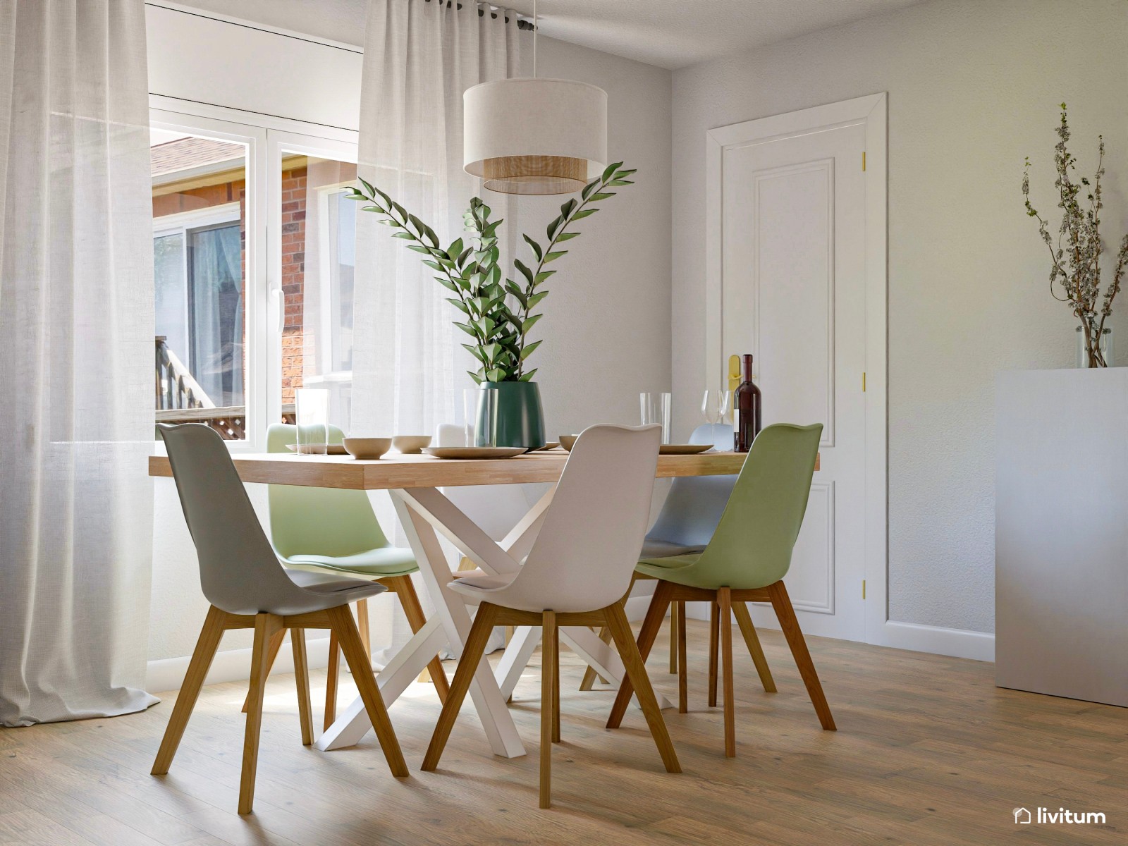 Salón comedor moderno y relajante decorado en verde, blanco y gris