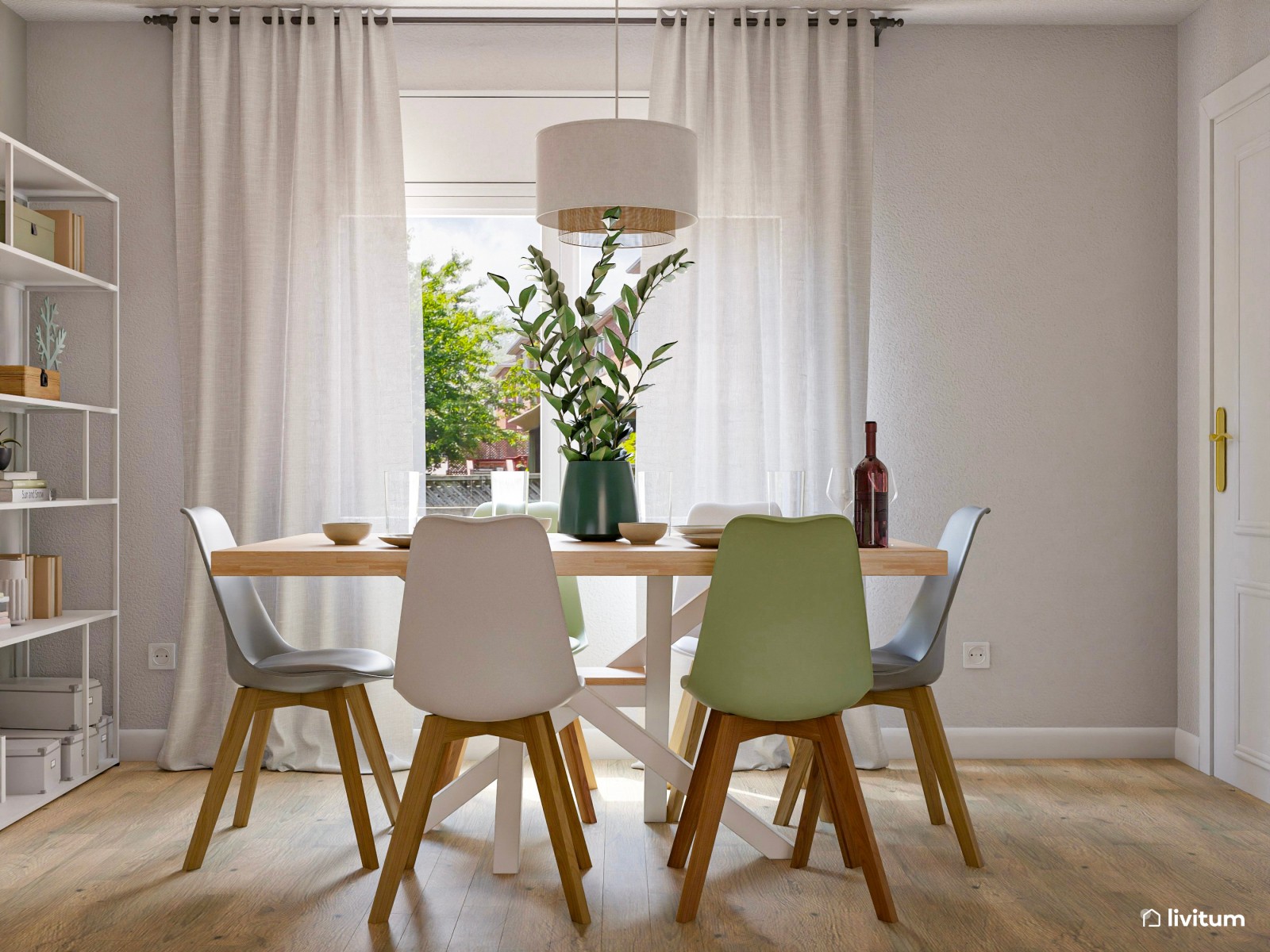 Salón comedor moderno y relajante decorado en verde, blanco y gris
