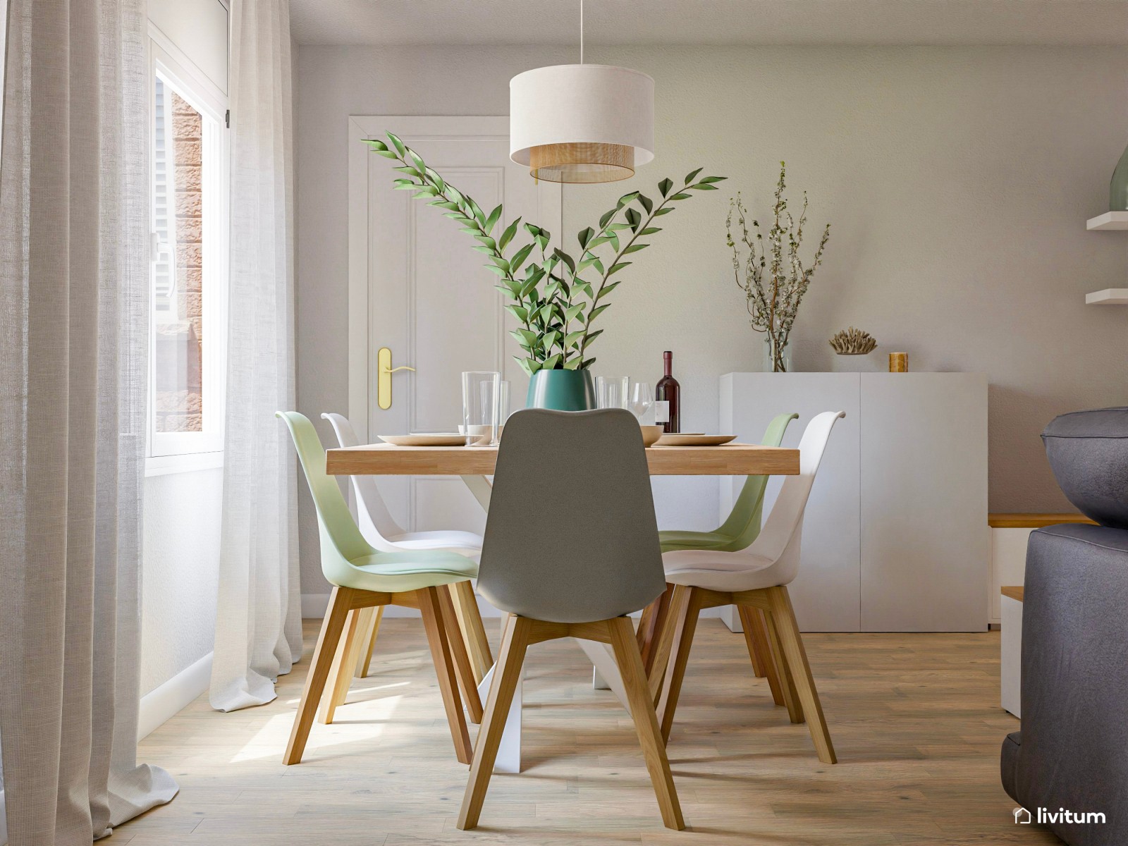 Salón comedor moderno y relajante decorado en verde, blanco y gris