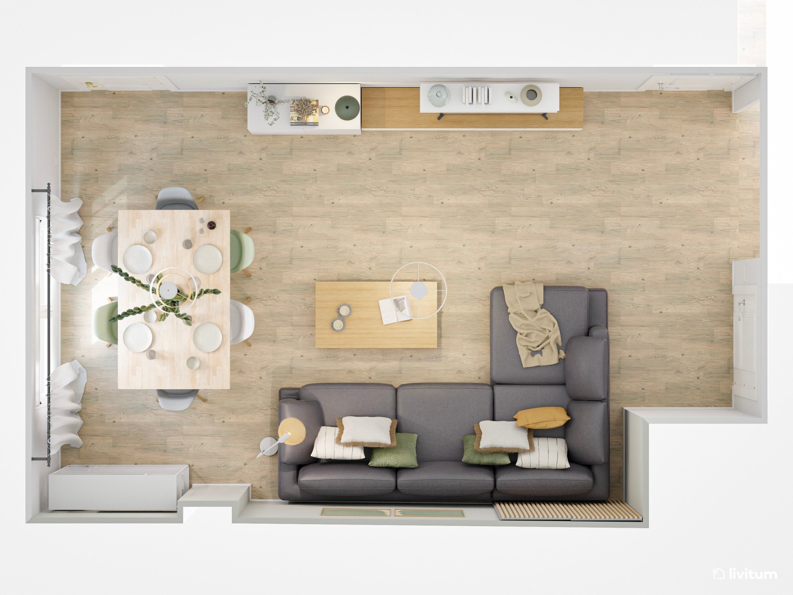 Salón comedor moderno y relajante decorado en verde, blanco y gris