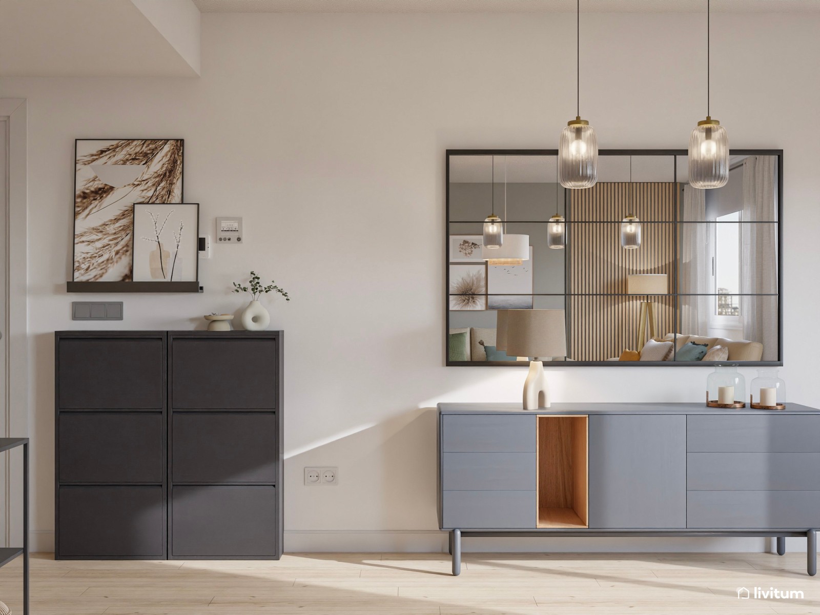 Salón comedor moderno y relajante decorado en verde, blanco y gris